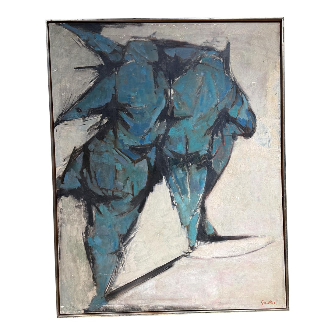 Oil in Canvas Signed Gorge W Gunther Abstract Expressionism Mid-Century Mod Painting: For your consideration, oil in canvas signed by Gorge W Gunther. abstract Expressionism, characterized by thick black outlines and energetic color application. Dominat blue figure with back thick line
