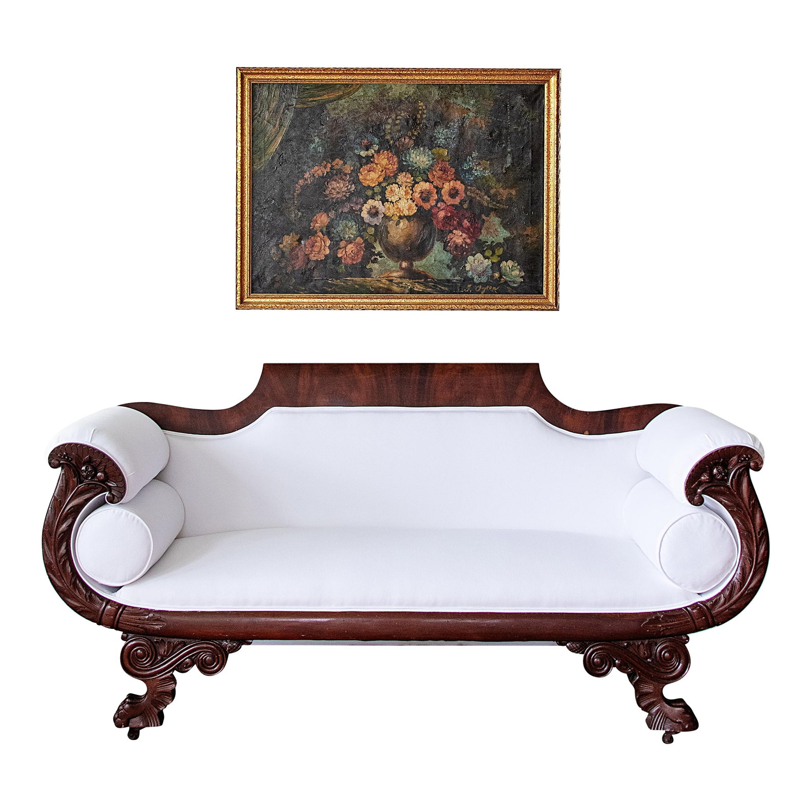 Antique Carved Mahogany Sofa With Crisp White Upholstery (1 of 5)