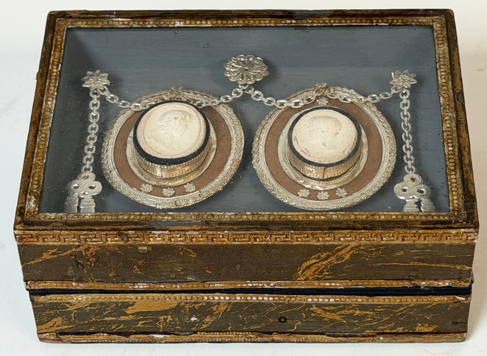 19th C. Italian Grand Tour Intaglio Plaster Medallion & Gilt Marbled Leather Box - 2