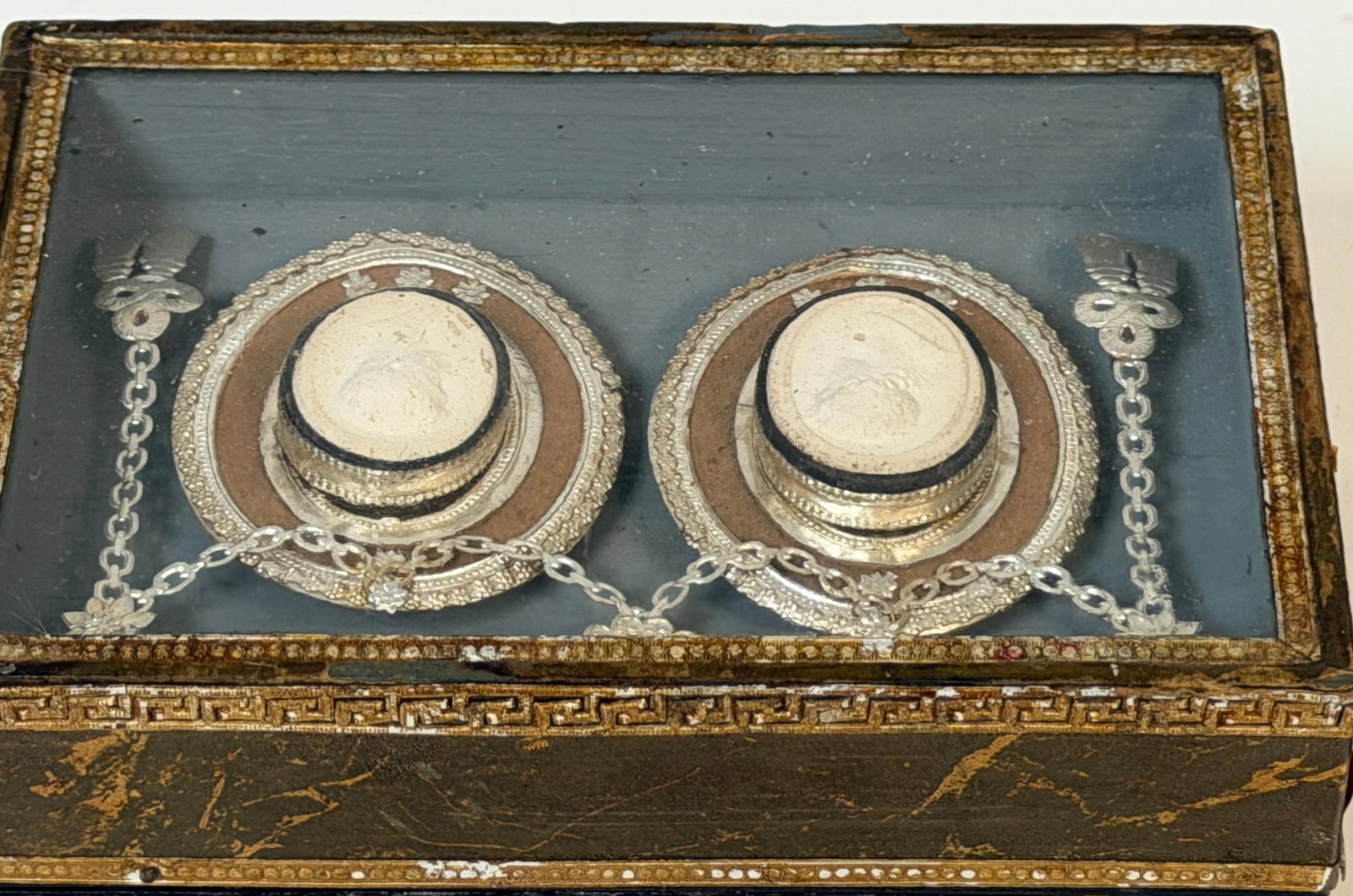 19th C. Italian Grand Tour Intaglio Plaster Medallion & Gilt Marbled Leather Box - 4