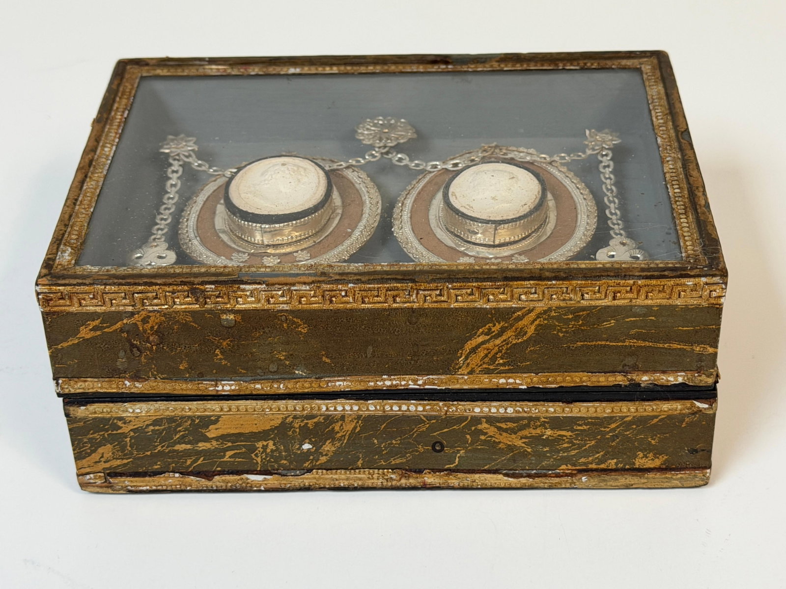 19th C. Italian Grand Tour Intaglio Plaster Medallion & Gilt Marbled Leather Box - 5