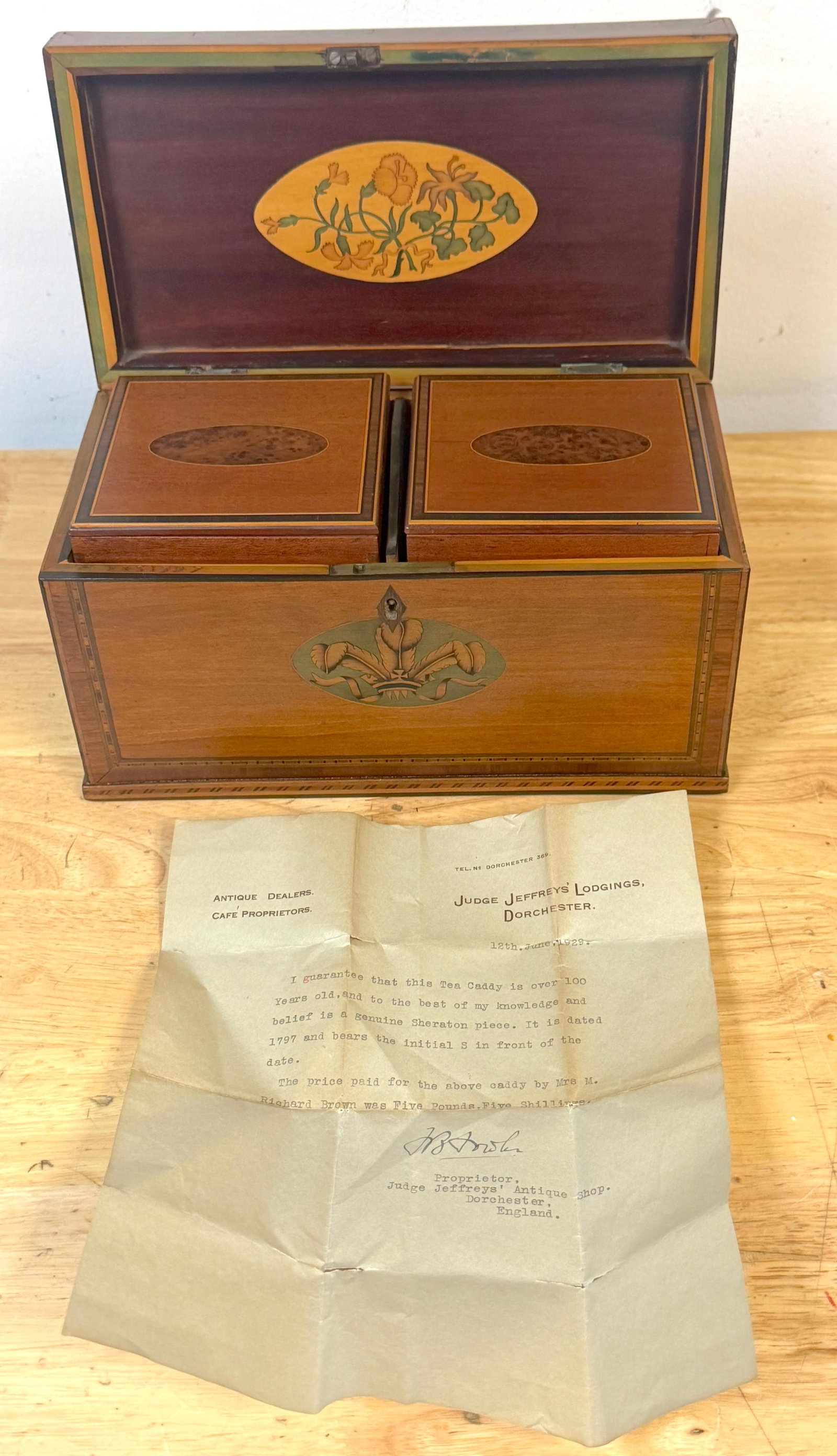 Documented Georgian /Sheraton Marquetry Tea Caddy, with Prince of Wales Feathers - 2