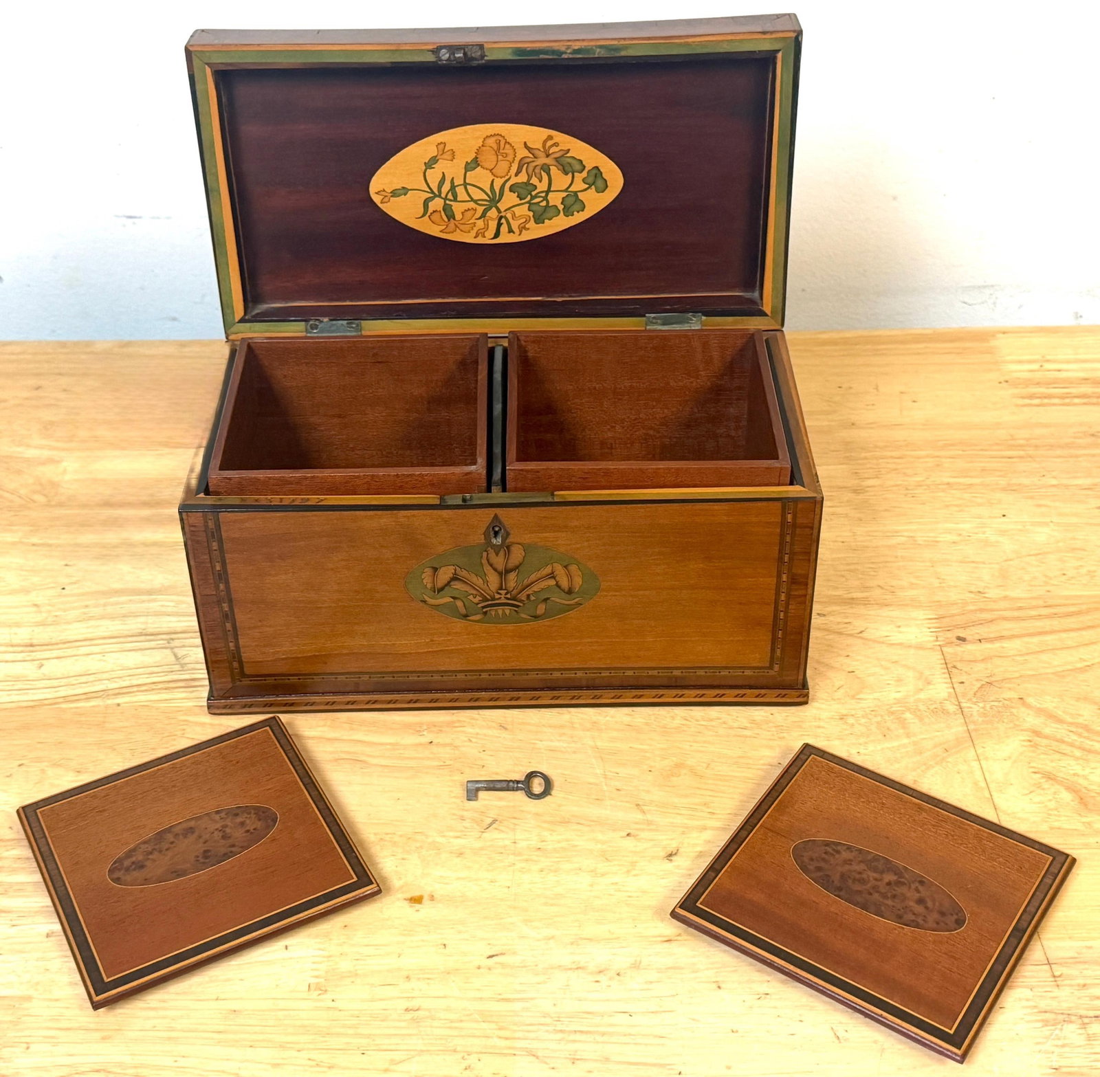 Documented Georgian /Sheraton Marquetry Tea Caddy, with Prince of Wales Feathers - 4