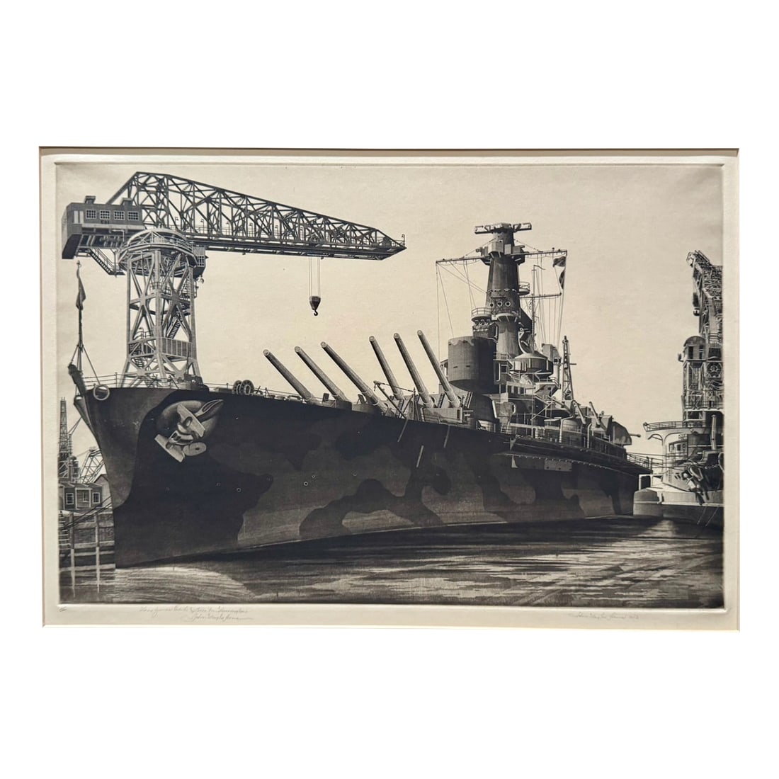 John Taylor Arms Ww2 Etching Us Navy Battleship at Shipyard Signed 1944 (1 of 8)