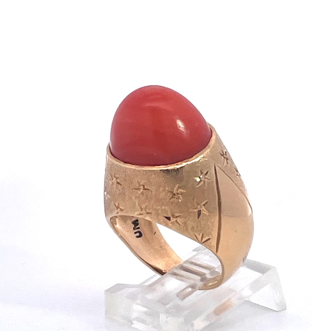 1940s Yellow Gold Mediterranean Coral Cocktail Ring, Unique Design, Size 6.5 - 10