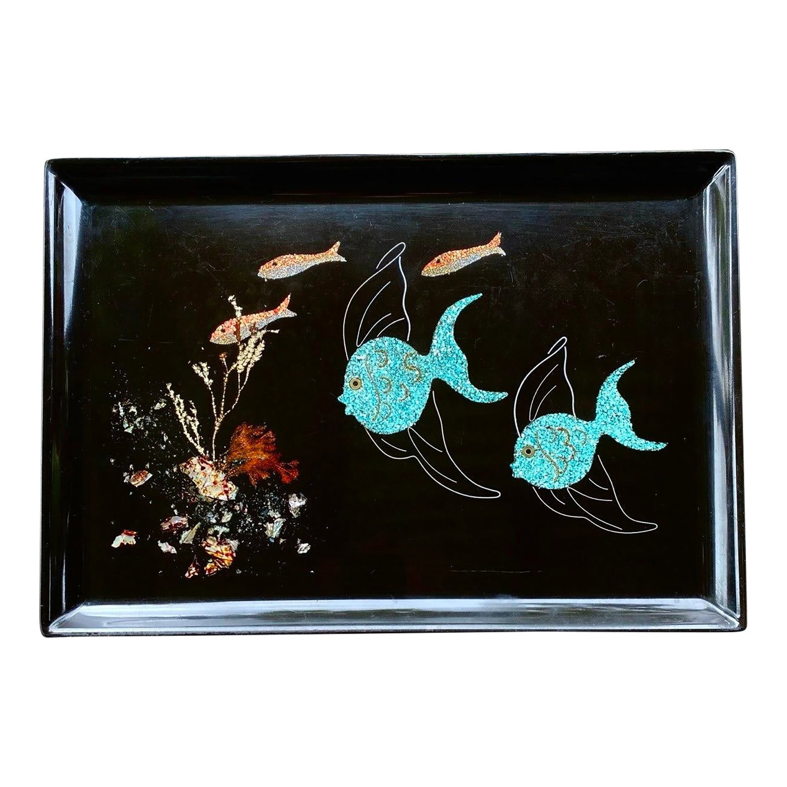 Vintage Couroc of Monterey Turquoise Angel Fish Tray With Genuine Abalone and Seaweed Inlay: A striking vintage Couroc of Monterey serving tray featuring two whimsical turquoise angel fish swimming across a dramatic black background. Handcrafted in California, this beautifully executed