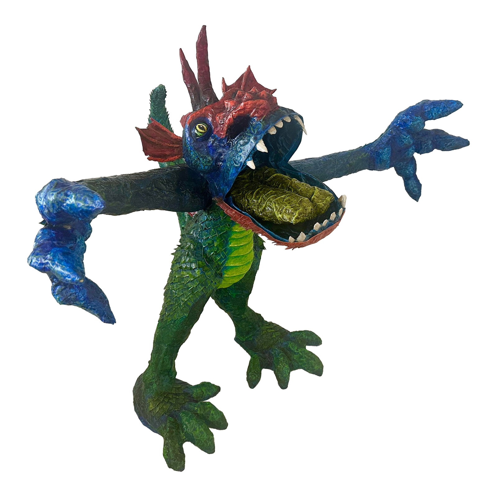 Whimsical Paper Mache' Dragon Sculpture by Artist James C. Osterberg: Large Whimsical Paper Mache' Dragon Sculpture, vibrant colors throughout. Local Artist in LaQuinta ca. Signed and #. I don't know if it's 3/21 or 3/71 date? 31in h x 31in w x 23in d Make sure to
