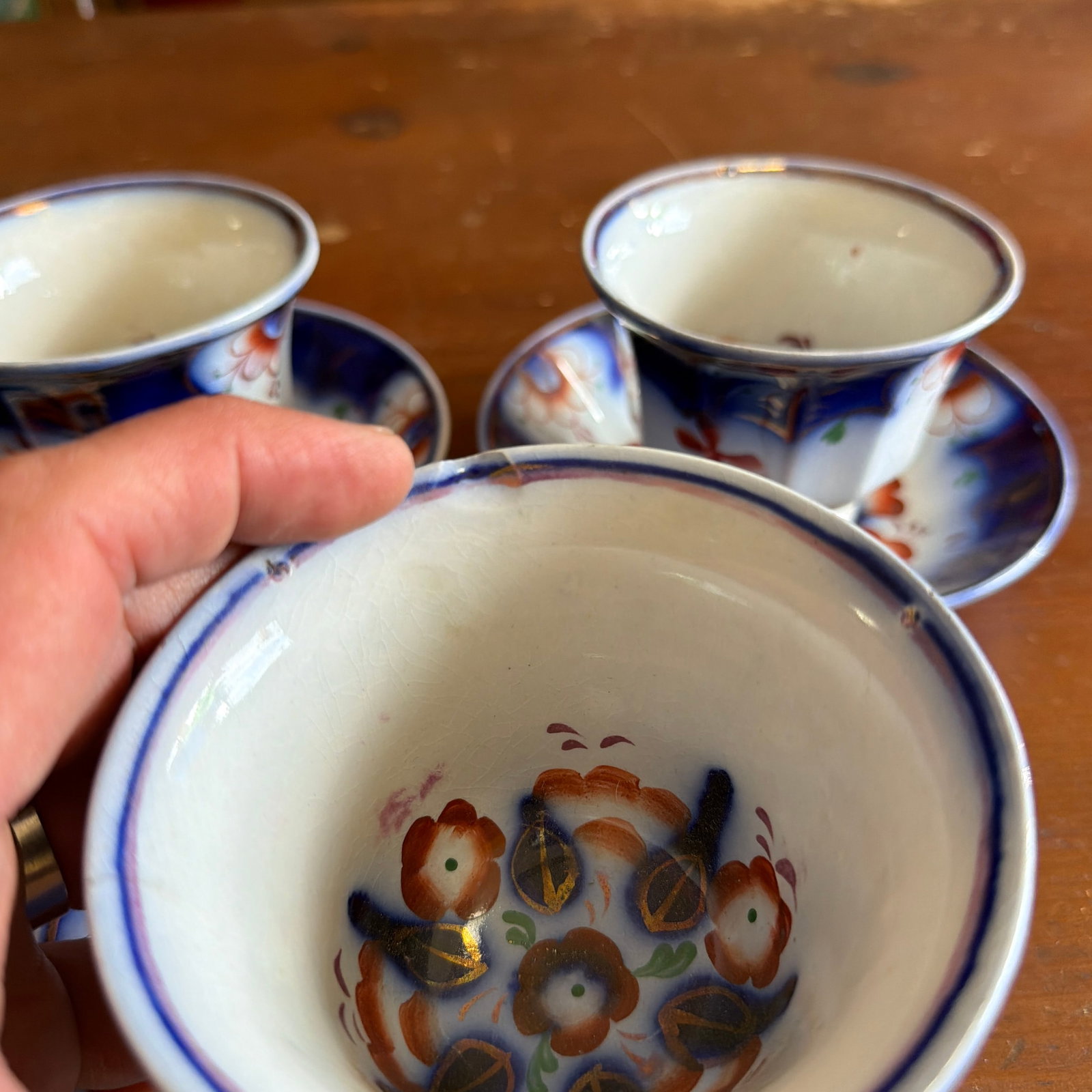 Antique Gaudy Welsh Crescent Pinwheel Flow Blue Cups & Saucers, Set of 5, Circa 1840s - 12
