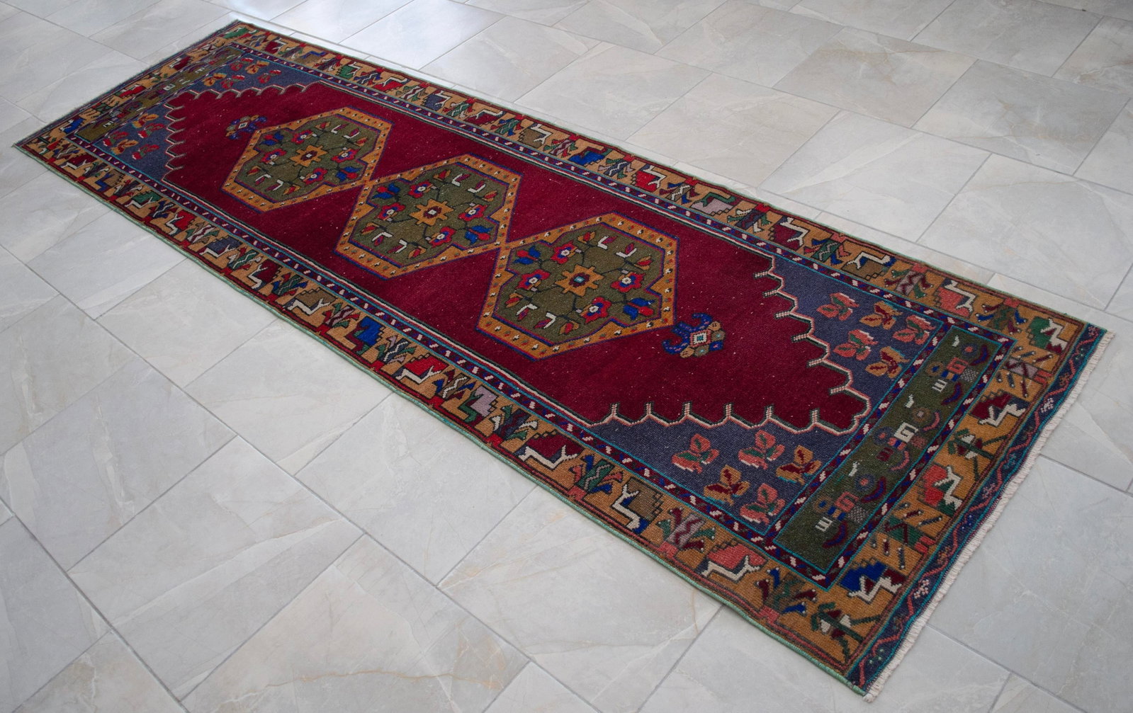 1960s Hand-Knotted Turkish Rug Runner. Tribal Short Runner Rug 3"² × 9"²8"³ - 10