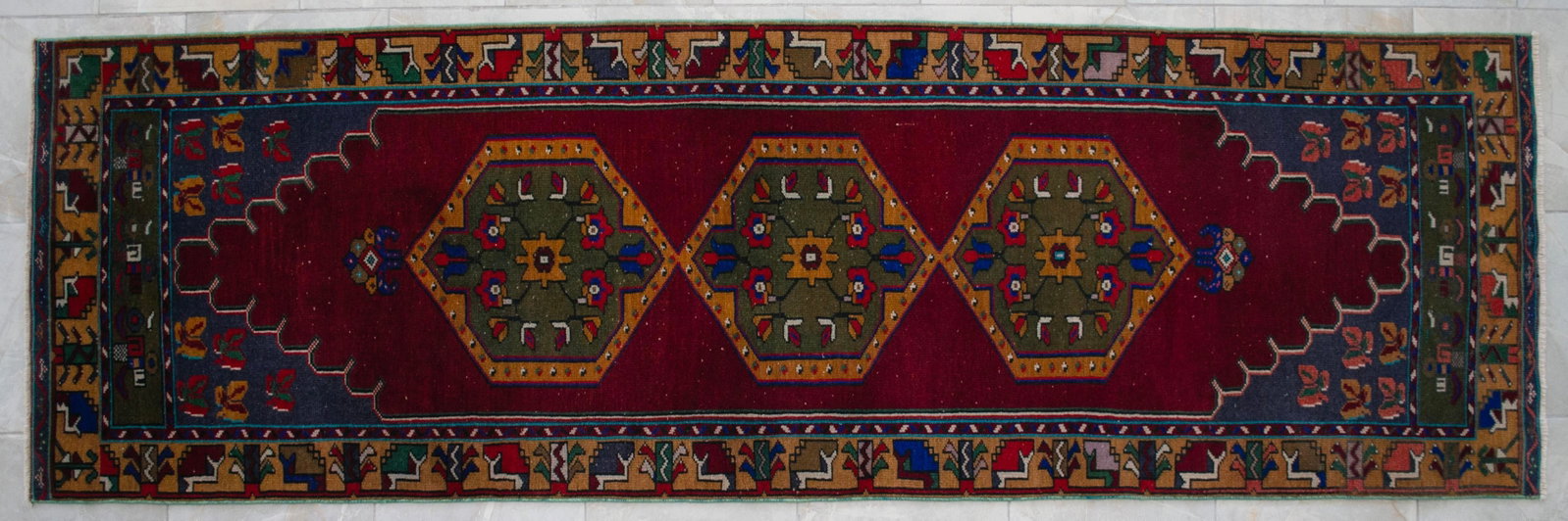 1960s Hand-Knotted Turkish Rug Runner. Tribal Short Runner Rug 3"² × 9"²8"³ - 12
