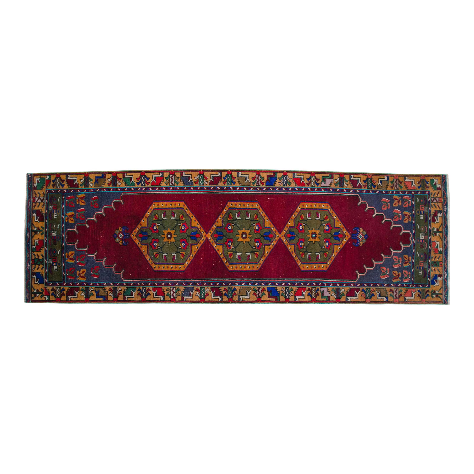 1960s Hand-Knotted Turkish Rug Runner. Tribal Short Runner Rug 3"² × 9"²8"³: Woven in the Tashpinar region of Central Anatolia during the 1960s, this hand-knotted runner rug exemplifies the enduring appeal of Turkish village weaving. Originally crafted for personal use, its