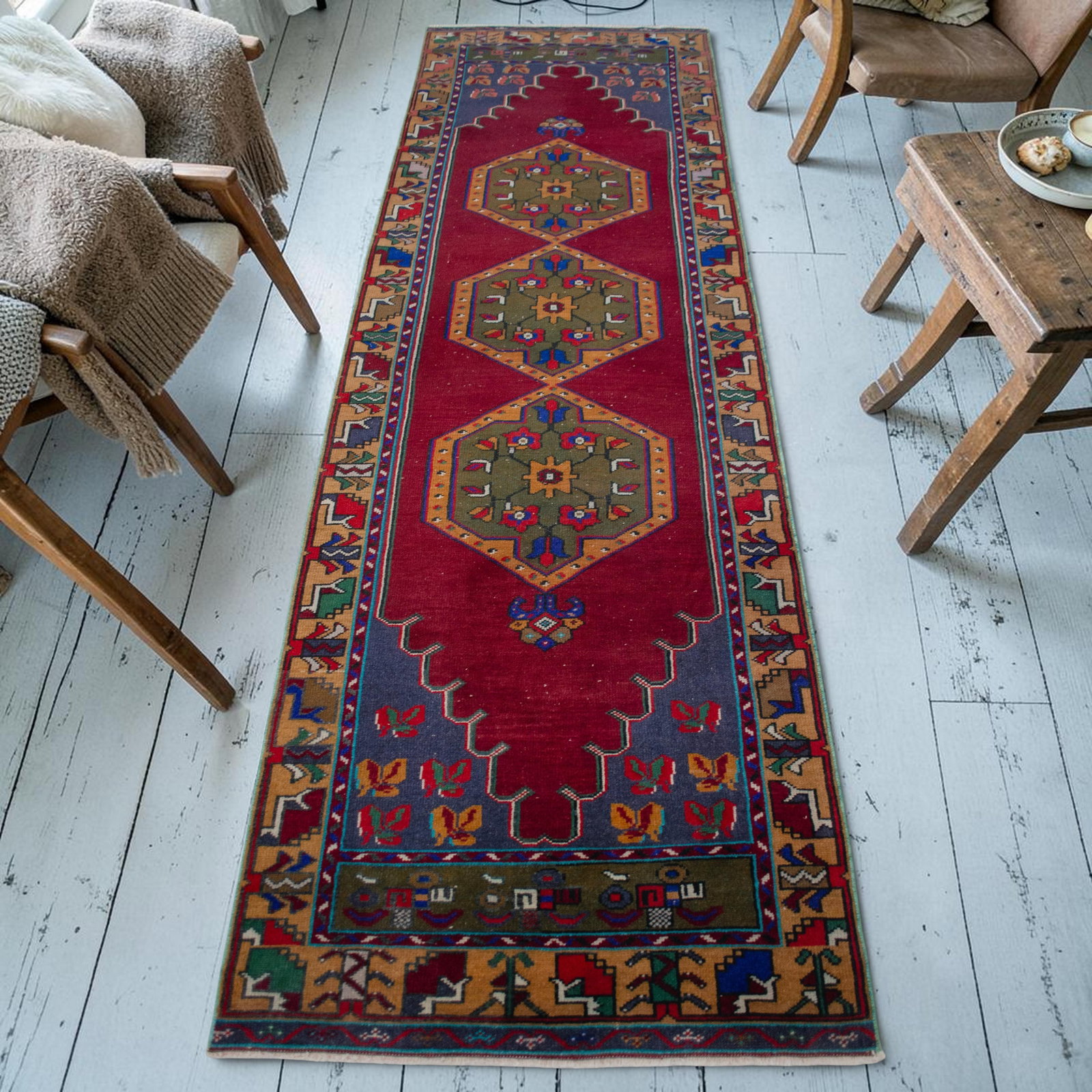 1960s Hand-Knotted Turkish Rug Runner. Tribal Short Runner Rug 3"² × 9"²8"³ - 2