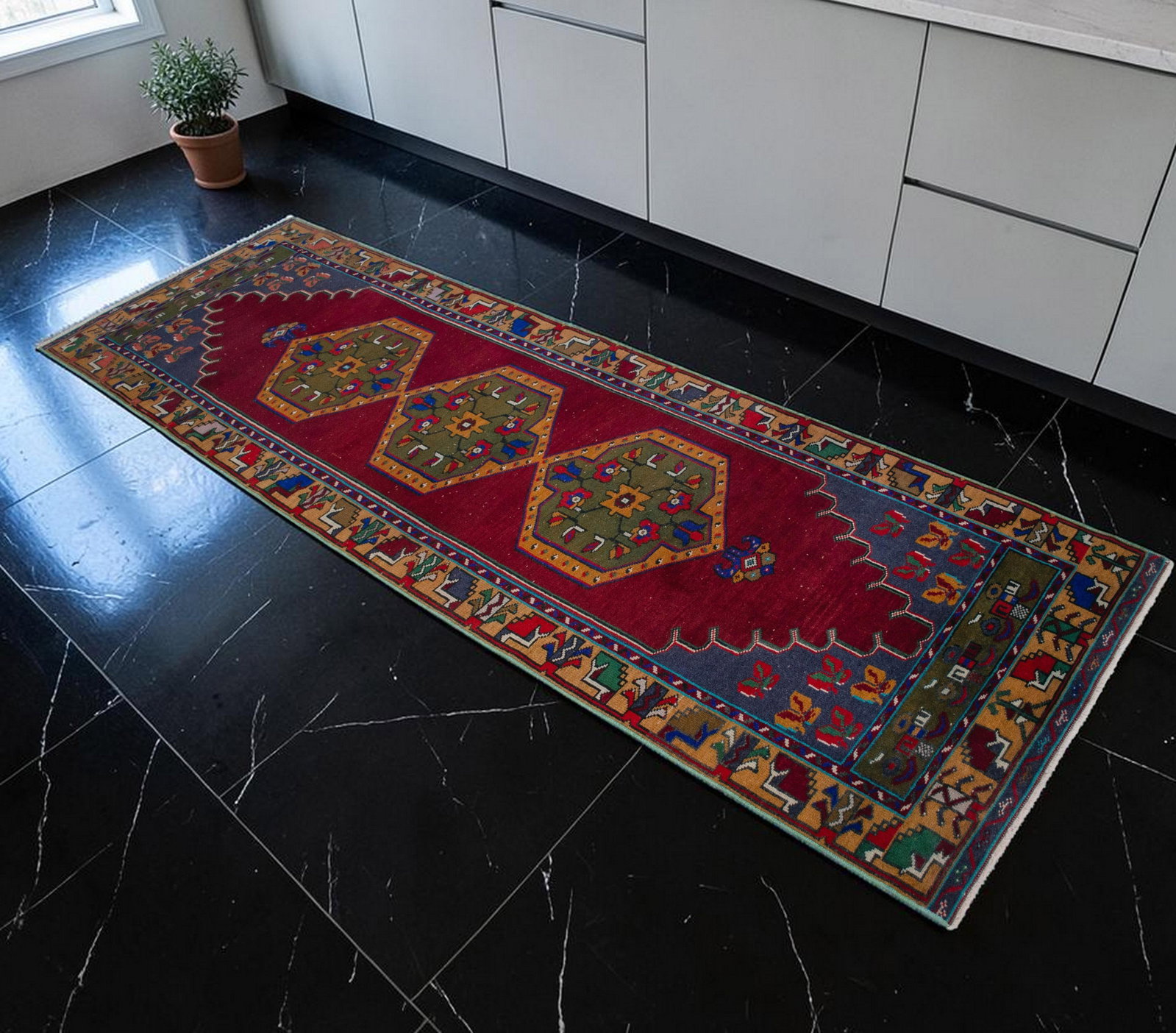 1960s Hand-Knotted Turkish Rug Runner. Tribal Short Runner Rug 3"² × 9"²8"³ - 3