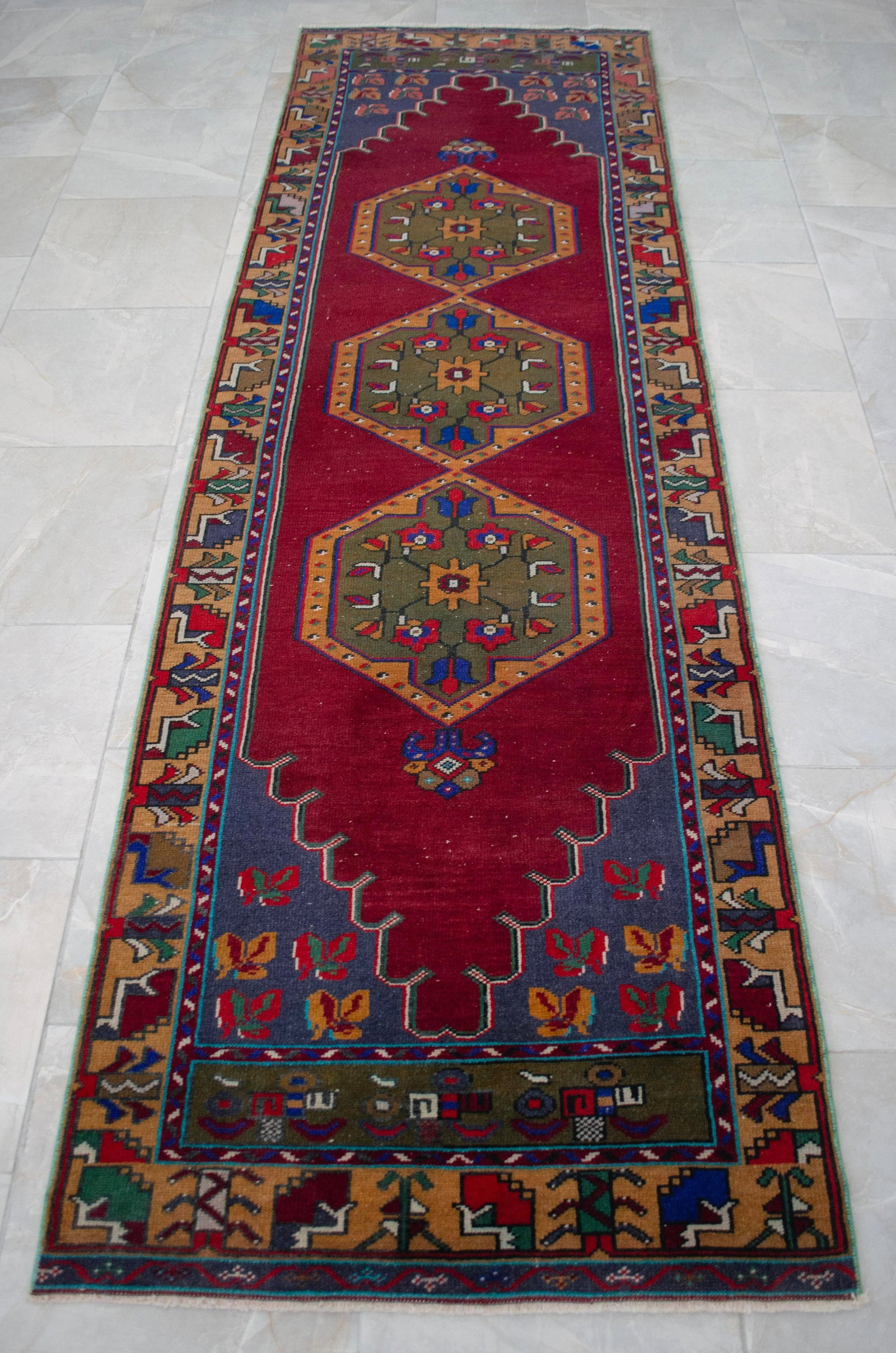 1960s Hand-Knotted Turkish Rug Runner. Tribal Short Runner Rug 3"² × 9"²8"³ - 4