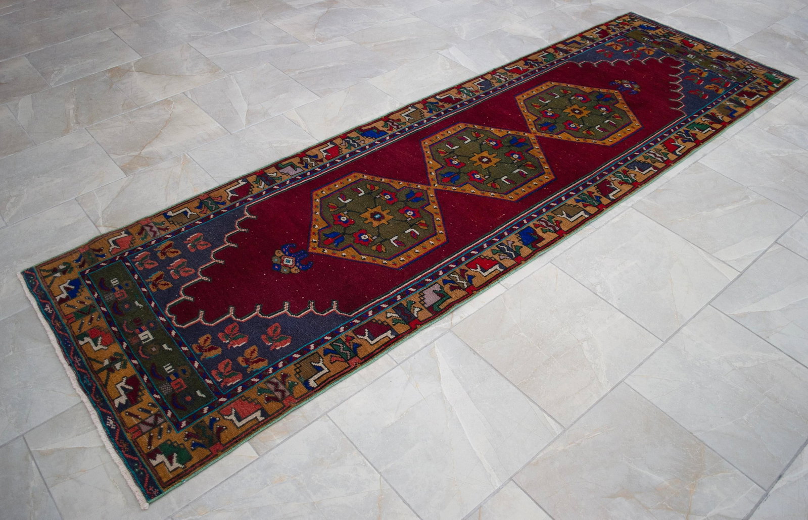1960s Hand-Knotted Turkish Rug Runner. Tribal Short Runner Rug 3"² × 9"²8"³ - 5