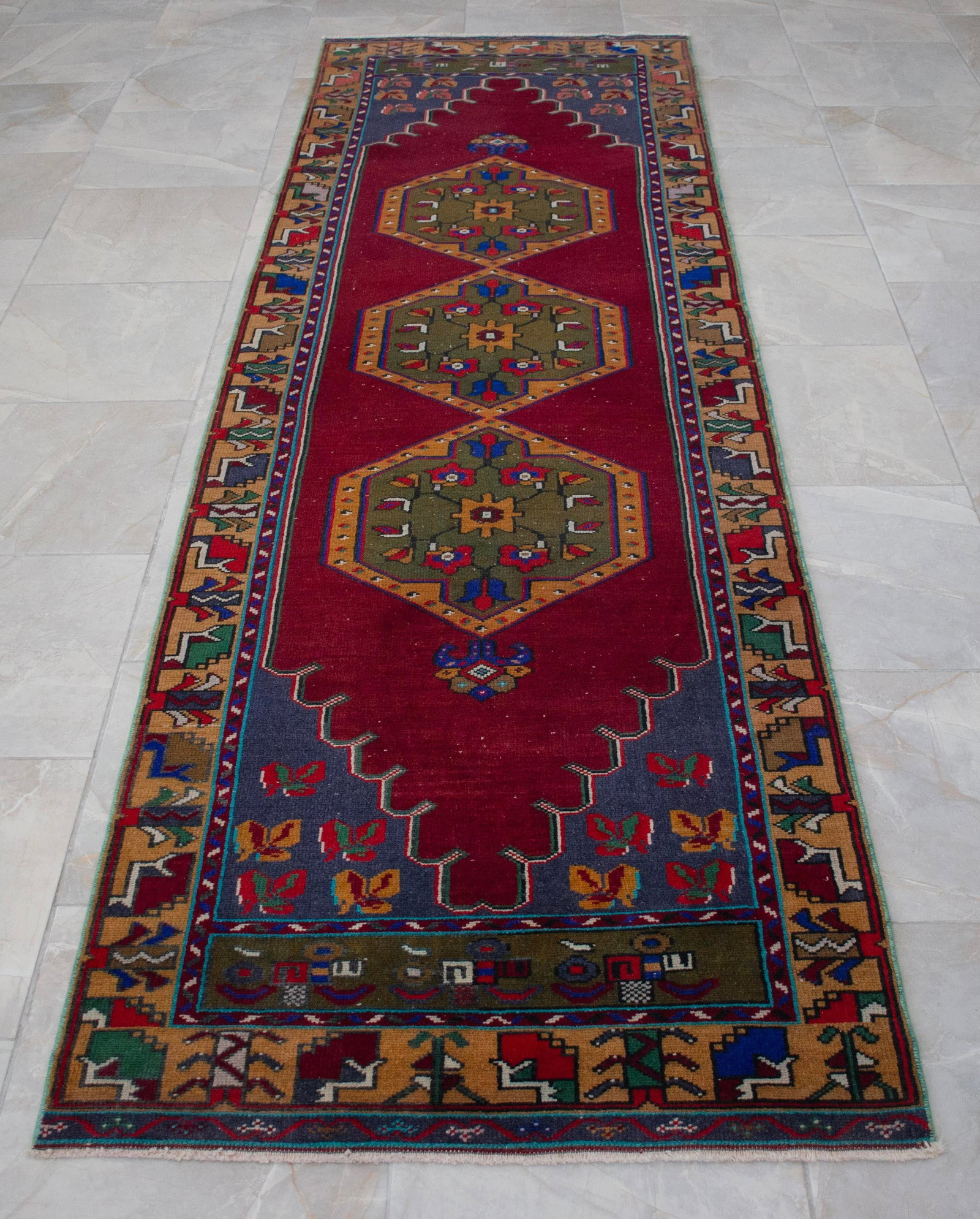 1960s Hand-Knotted Turkish Rug Runner. Tribal Short Runner Rug 3"² × 9"²8"³ - 6