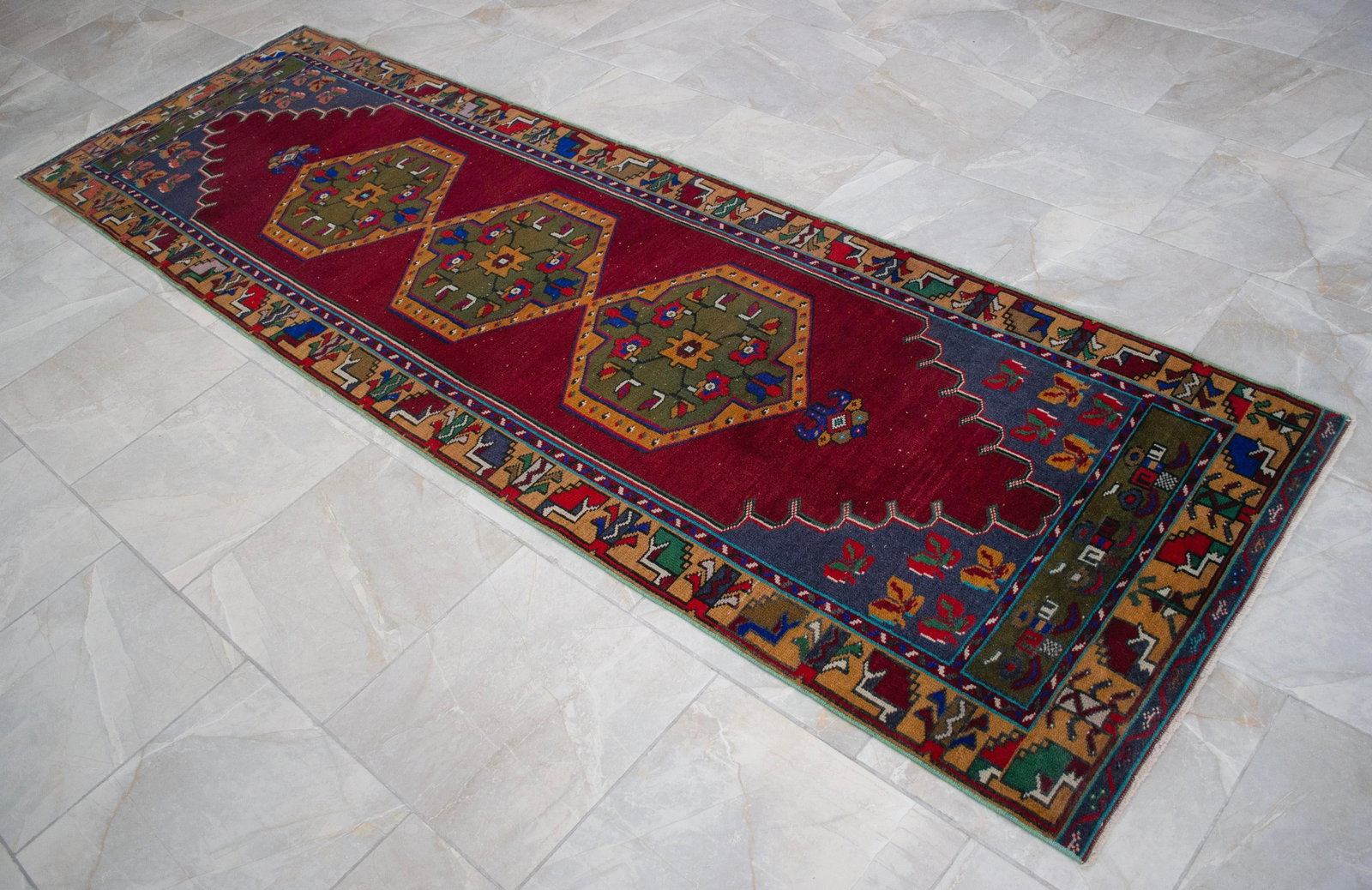 1960s Hand-Knotted Turkish Rug Runner. Tribal Short Runner Rug 3"² × 9"²8"³ - 7
