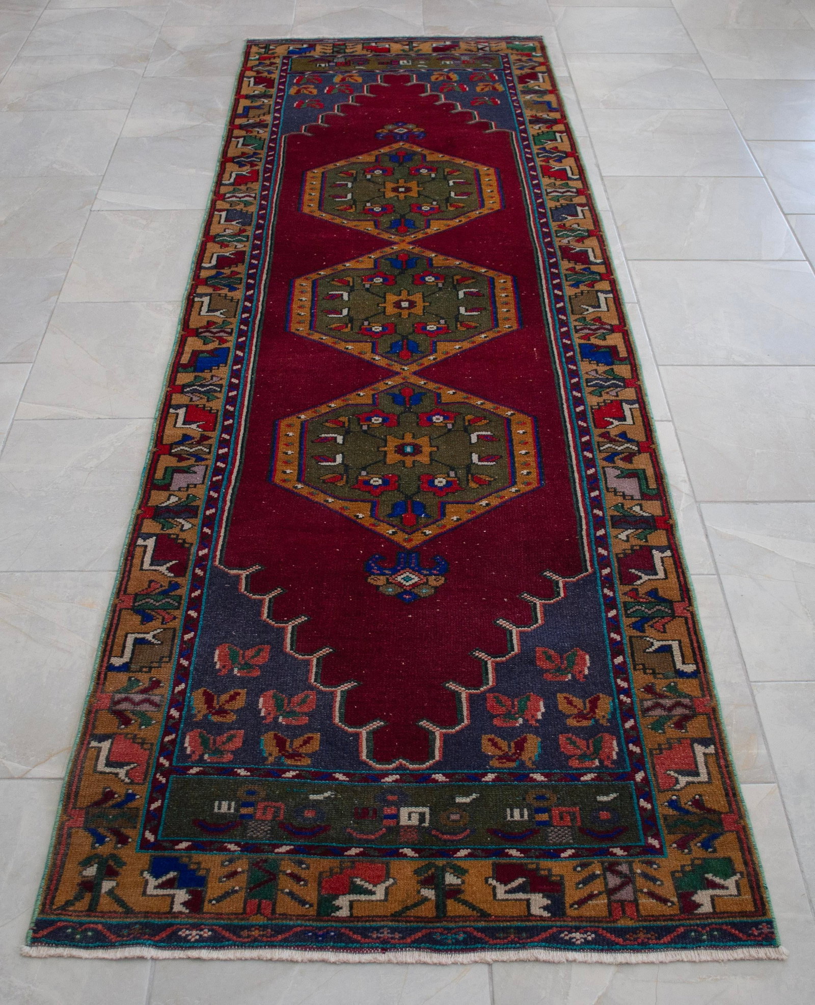 1960s Hand-Knotted Turkish Rug Runner. Tribal Short Runner Rug 3"² × 9"²8"³ - 8