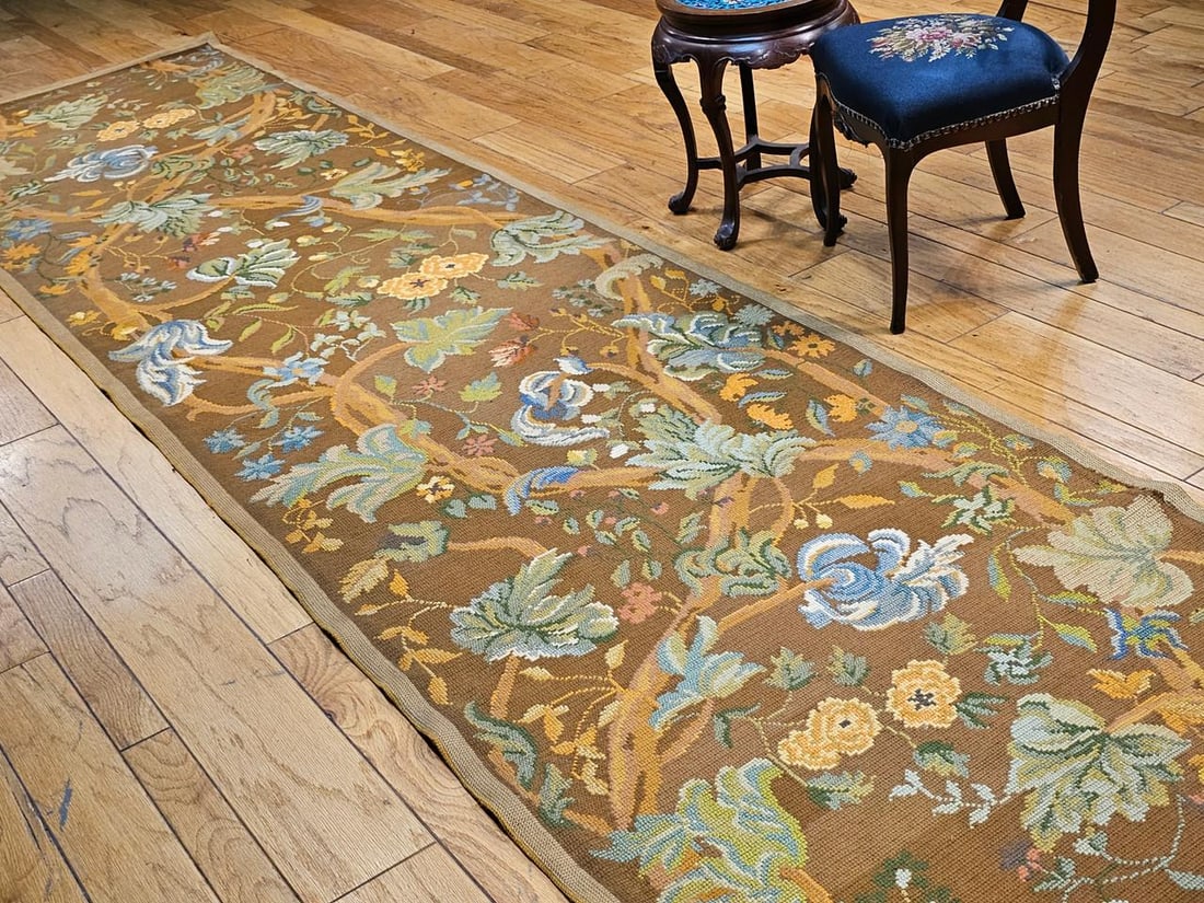 Vintage French Needlepoint Runner, Wool & Cotton, Floral Design, 1920s, 4' X 15' - 5