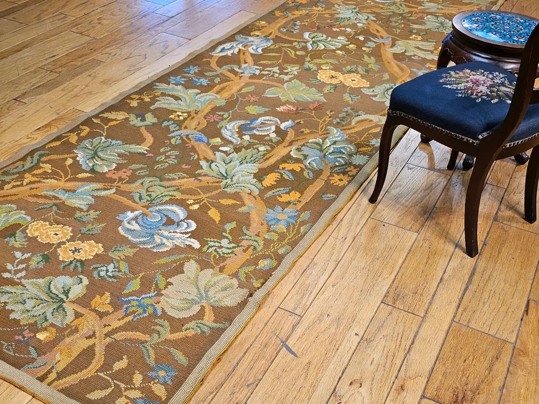 Vintage French Needlepoint Runner, Wool & Cotton, Floral Design, 1920s, 4' X 15' - 6