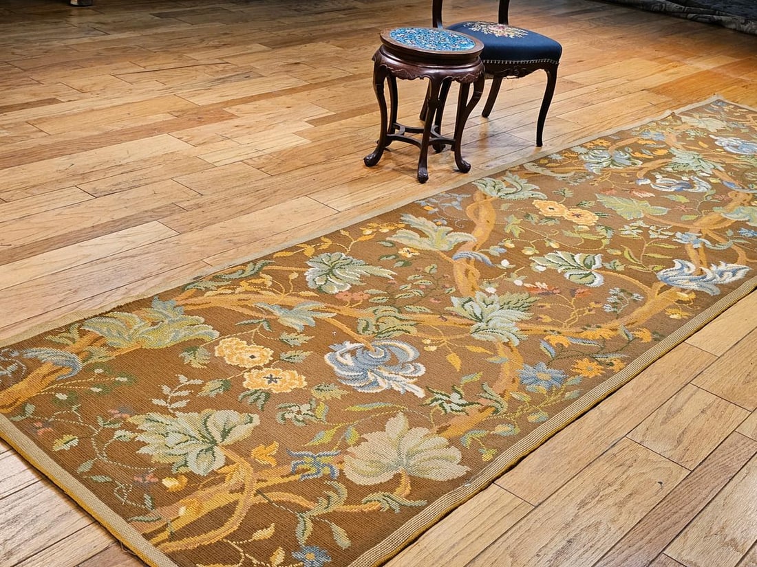 Vintage French Needlepoint Runner, Wool & Cotton, Floral Design, 1920s, 4' X 15' - 8