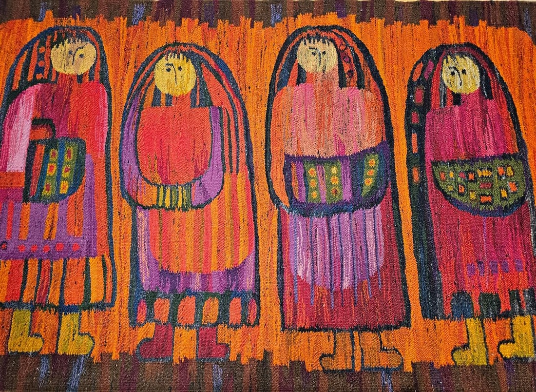 Vintage Mid-Century Tapestry of Schoolgirls, Handwoven Wool Wall Art, 38" X 70" - 3