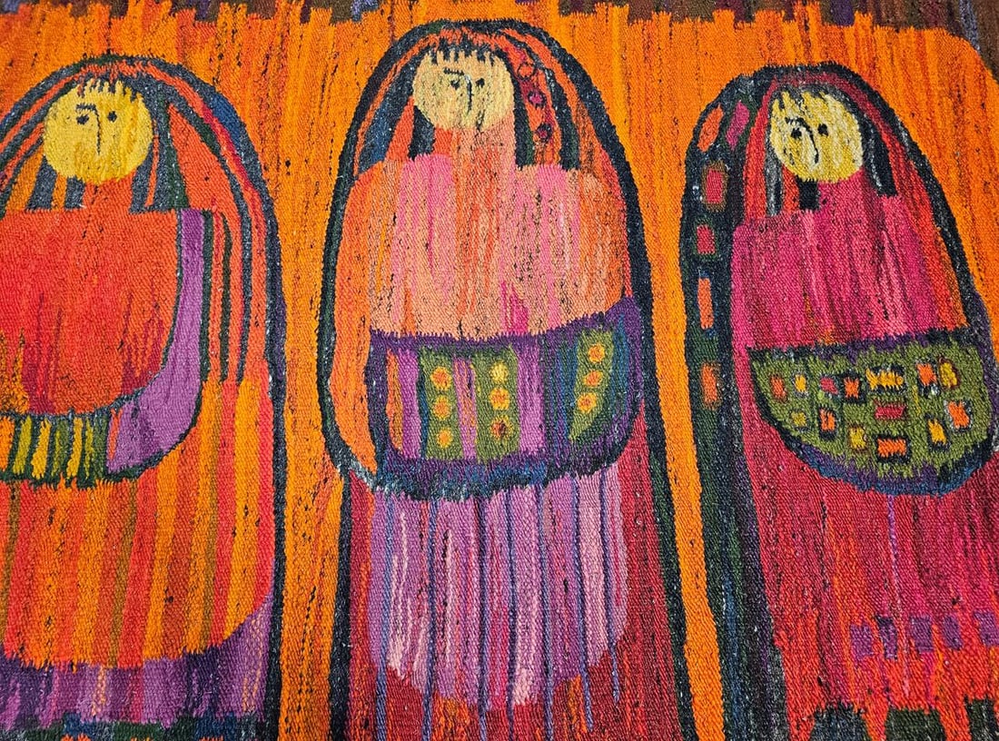 Vintage Mid-Century Tapestry of Schoolgirls, Handwoven Wool Wall Art, 38" X 70" - 7