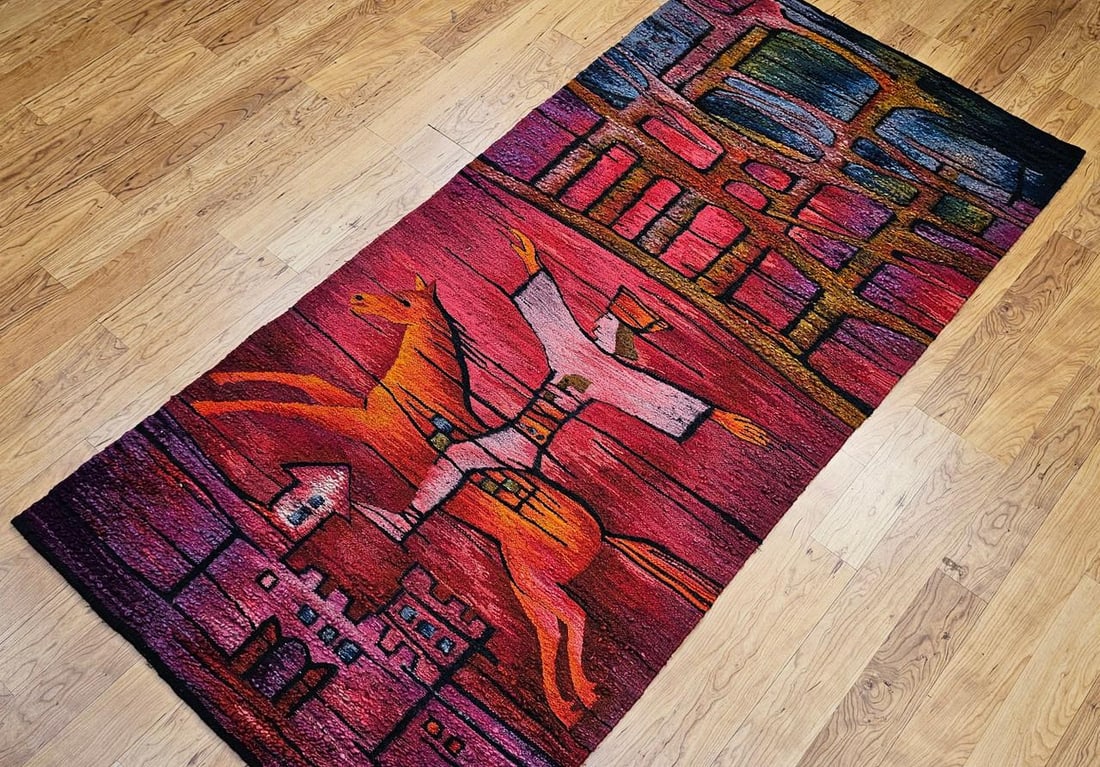 Vintage Mid-Century Tapestry, Wool and Cotton, Folkloric Rider Design, 40" X 86" - 5