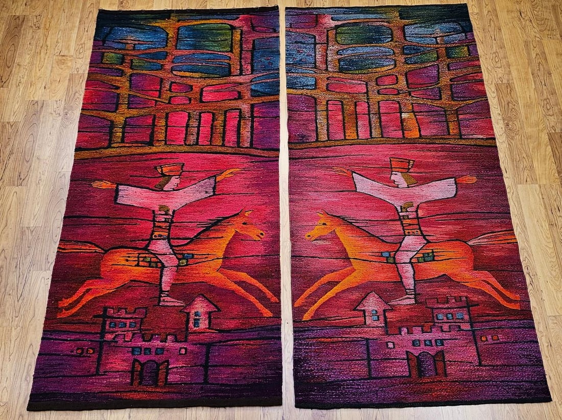 Vintage Mid-Century Tapestry, Wool and Cotton, Folkloric Rider Design, 40" X 86" - 6