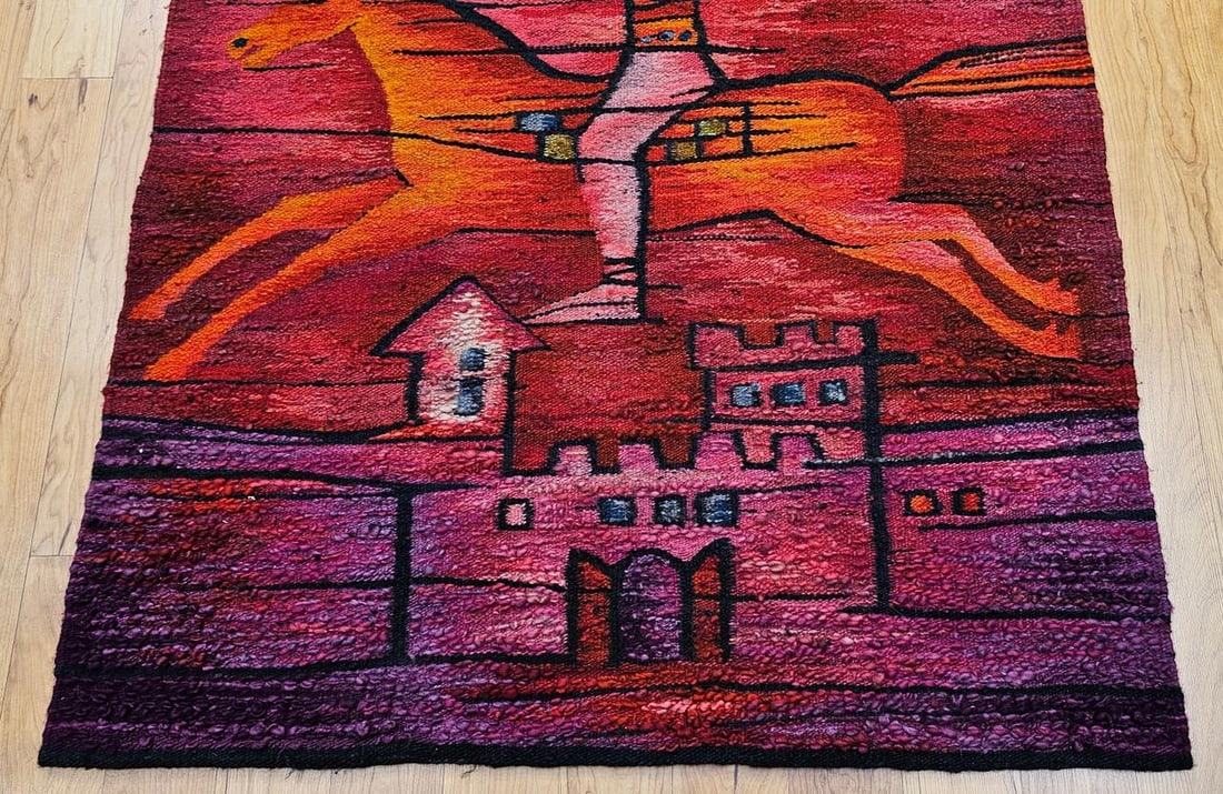 Vintage Mid-Century Tapestry, Wool and Cotton, Folkloric Rider Design, 40" X 86" - 9