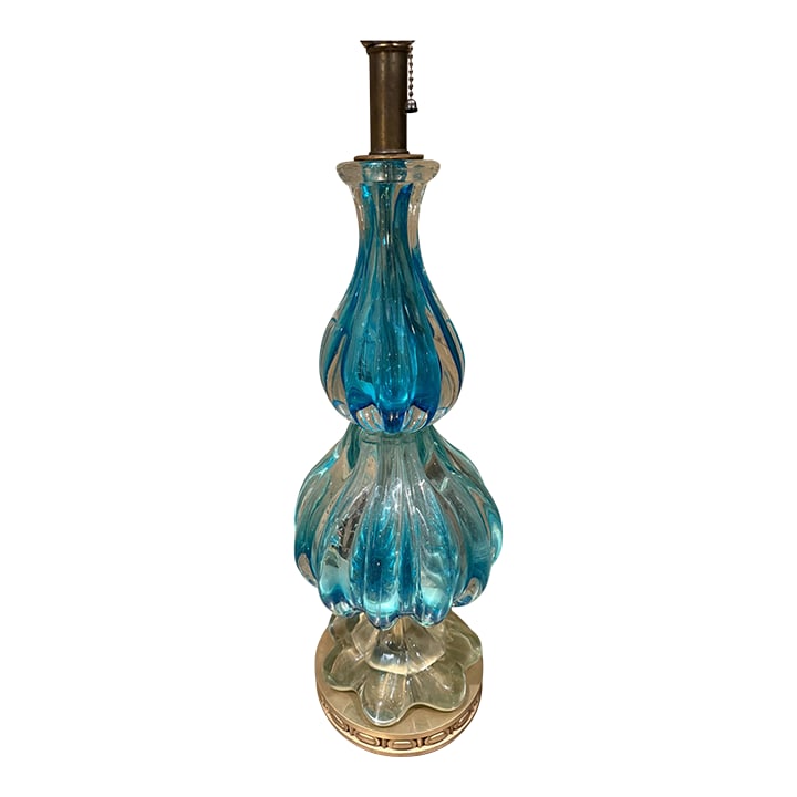 Mid-Century Modern Blue Murano Glass Table Lamps Designed by Segues: For your consideration, mid-century modern blue Murano glass table lamps designed by Seguso, featuring a distinct two-piece shape with a clear footed base. Unmarked. No shade or harp included. Dimensi