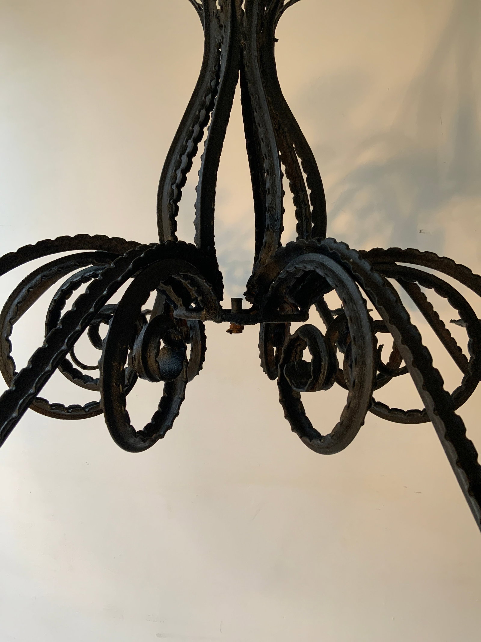 1920s Rustic Rococo Style Wrought Iron Chandlier. - 4