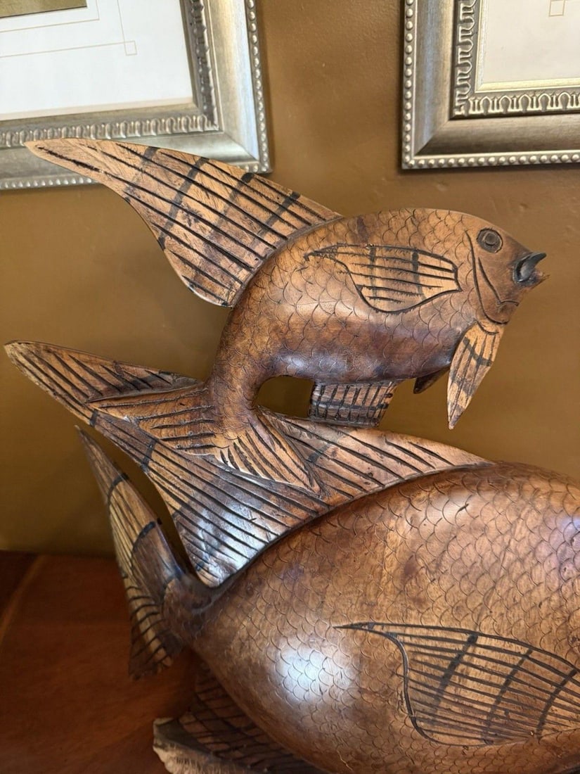 Vintage 1950s Indonesian Hand-Carved Teak Angelfish Sculpture – 19.5" - 3