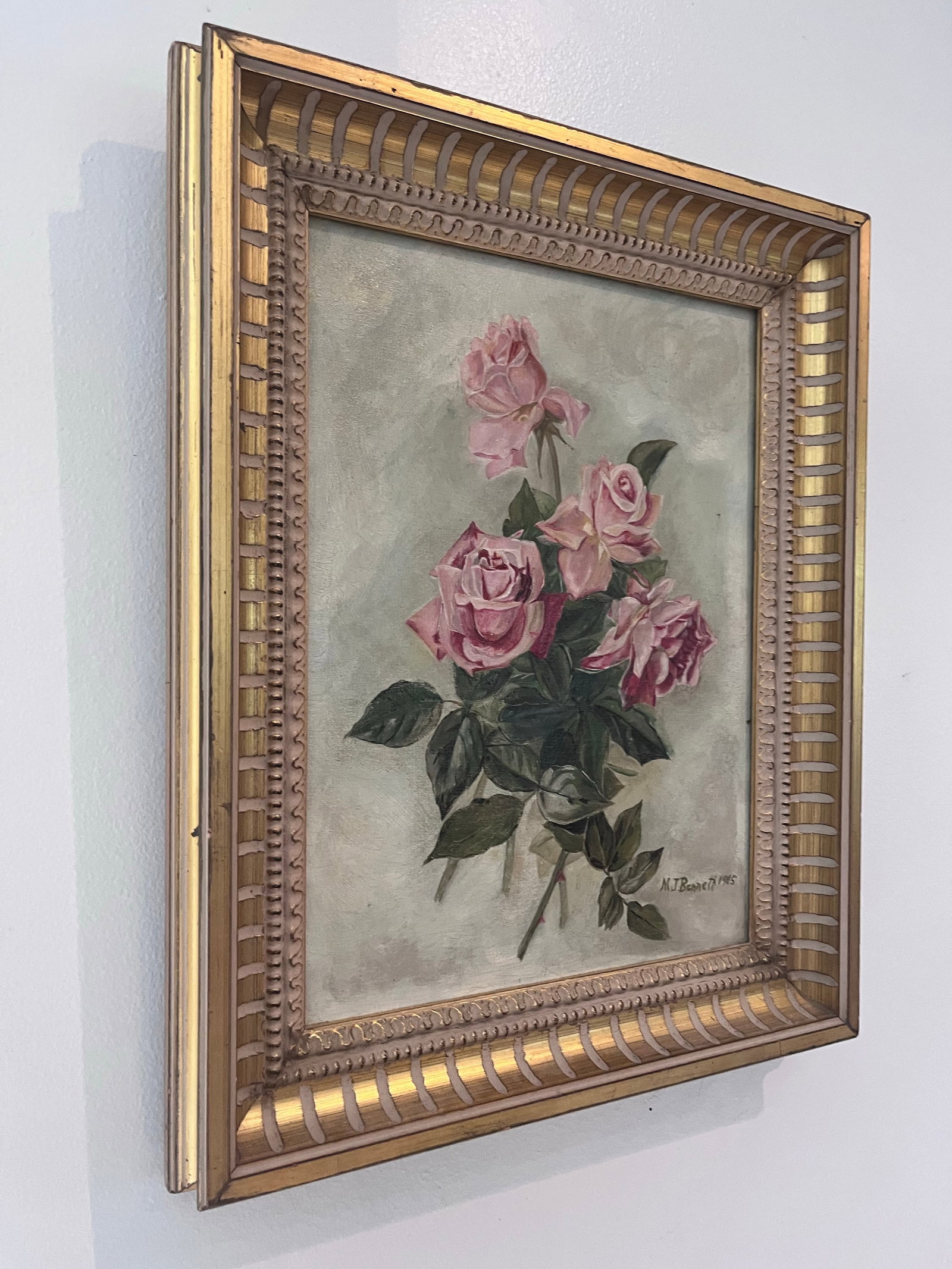 Antique Style Signed Floral Oil Painting of Pink Roses by M. J. Bennett, Dated 1905 - 3