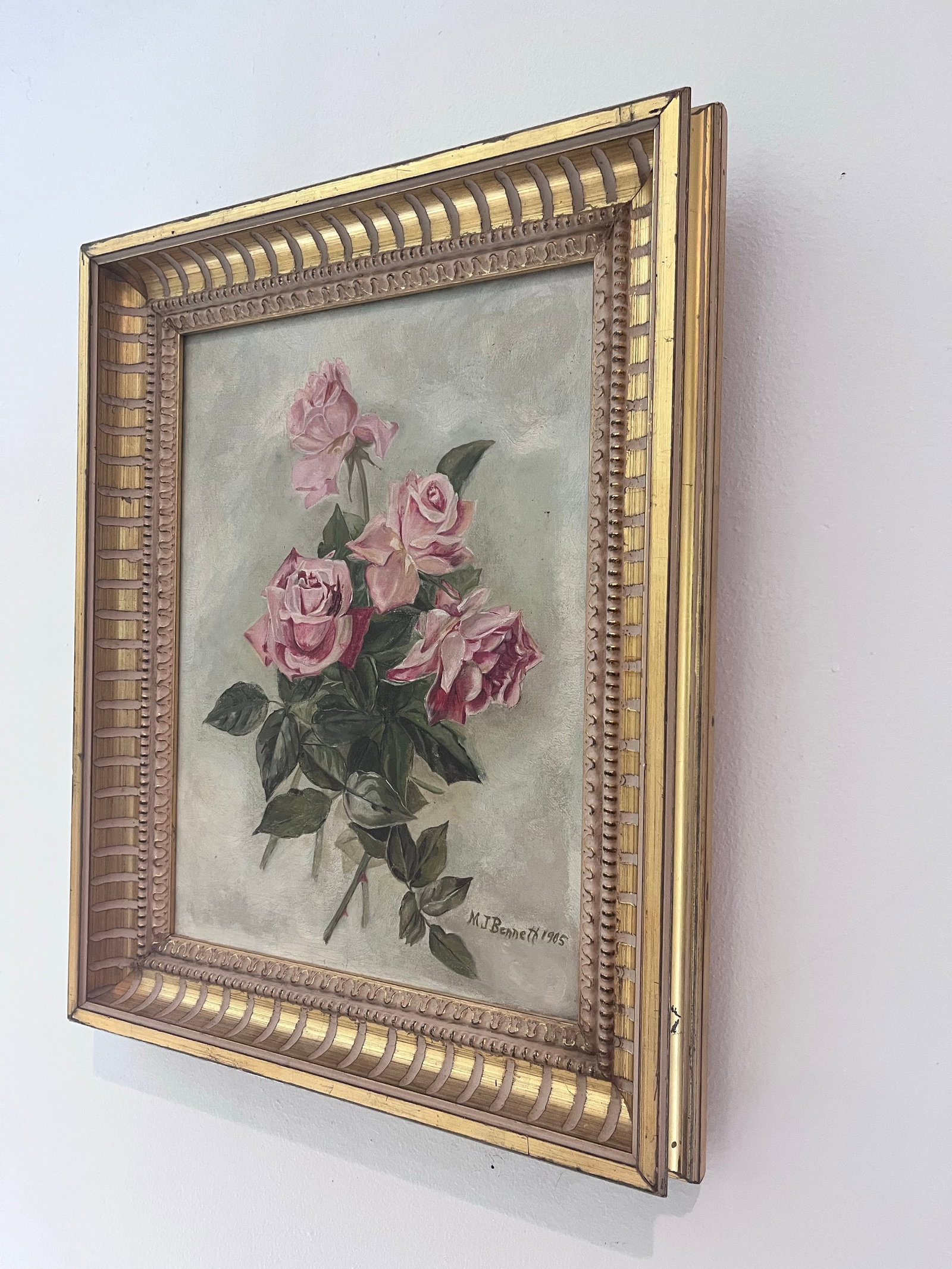 Antique Style Signed Floral Oil Painting of Pink Roses by M. J. Bennett, Dated 1905 - 4
