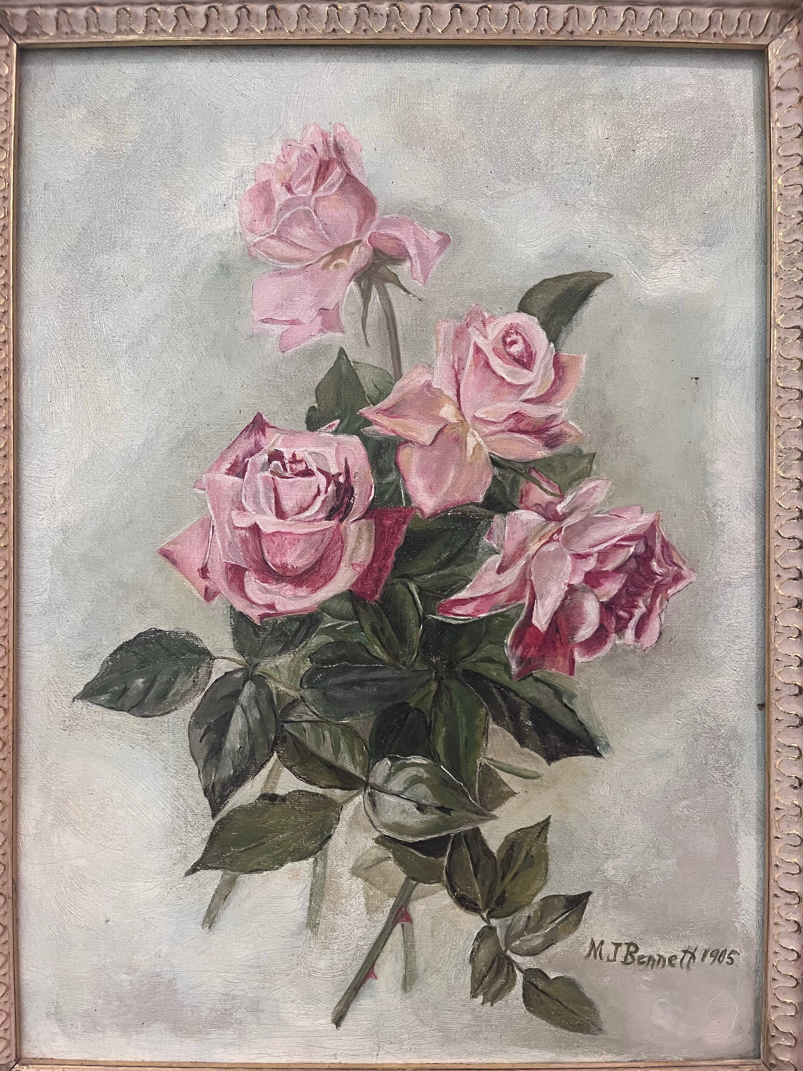 Antique Style Signed Floral Oil Painting of Pink Roses by M. J. Bennett, Dated 1905 - 5