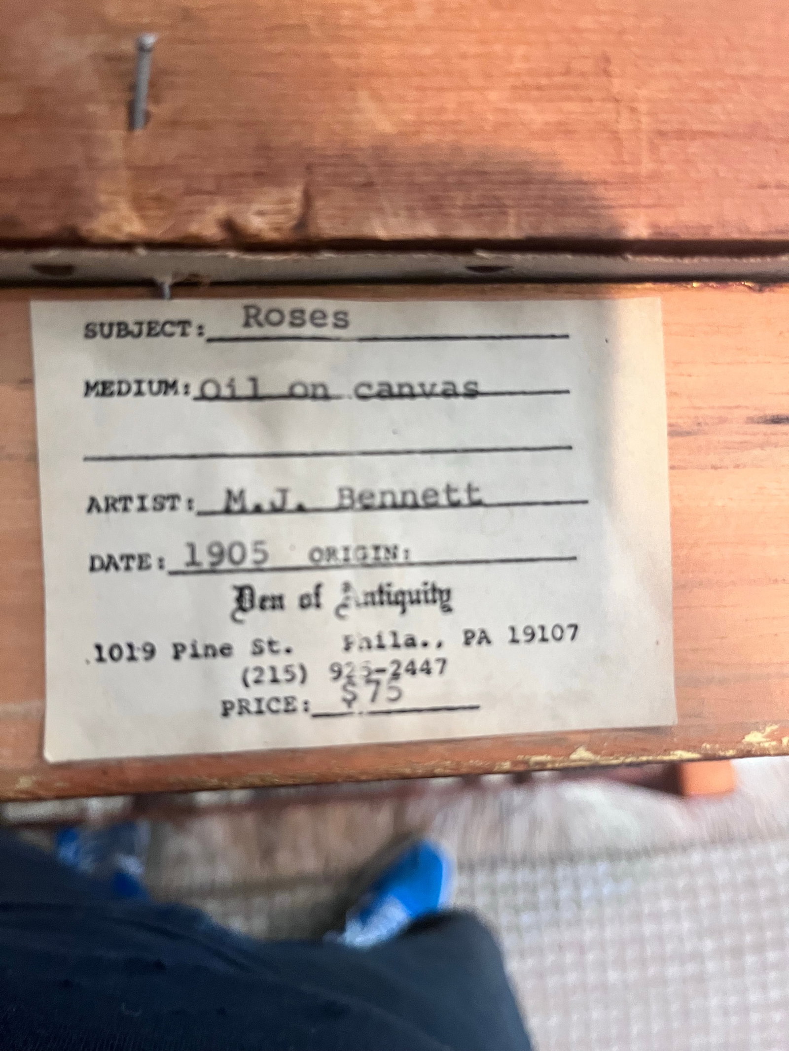Antique Style Signed Floral Oil Painting of Pink Roses by M. J. Bennett, Dated 1905 - 6
