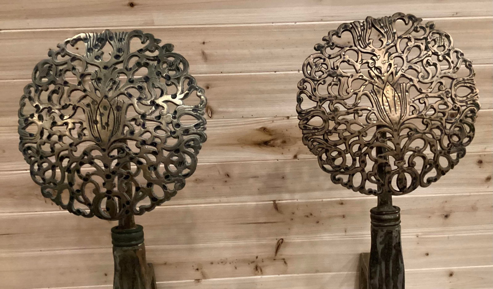 Late 19th Century Arts and Crafts Filagree Brass Rosette Andirons - 4
