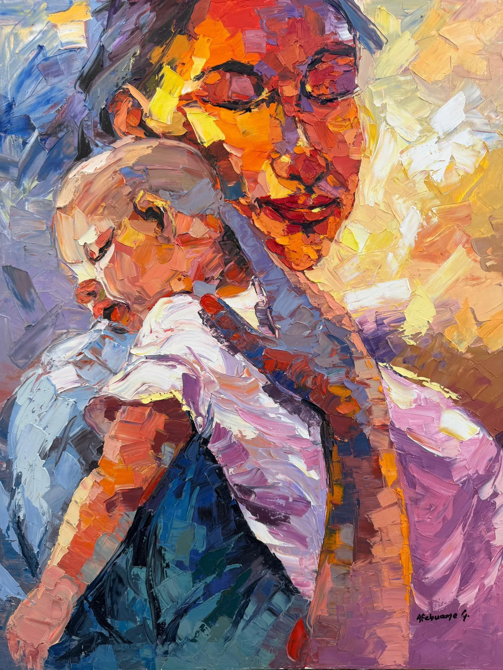 A Cradle of Quiet Solace, Impasto Oil Painting by Godfrey Afebuame (2025): I created A Cradle Of Quiet Solace to capture the deep peace and love between a mother and her child. This painting shows a quiet moment of rest, where the outside world falls away and all that