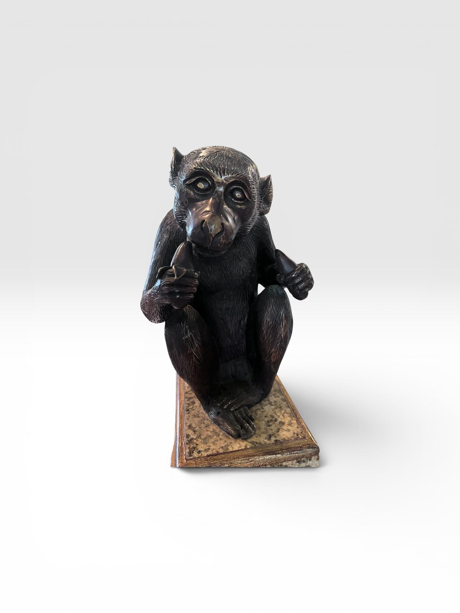 Vintage Maitland-Smith Bronze Monkey Sculpture on Stone Pedestal - 2