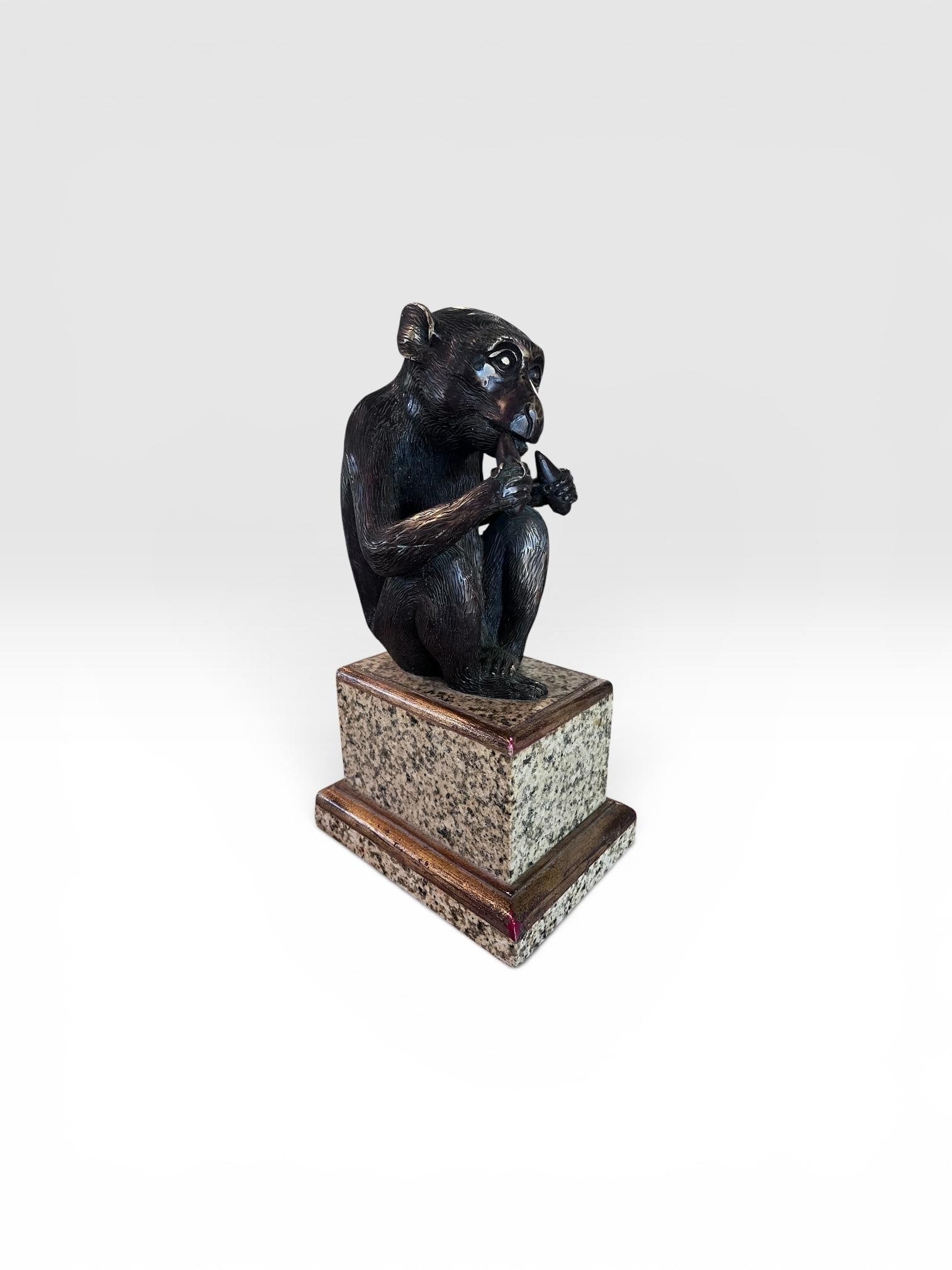 Vintage Maitland-Smith Bronze Monkey Sculpture on Stone Pedestal - 4