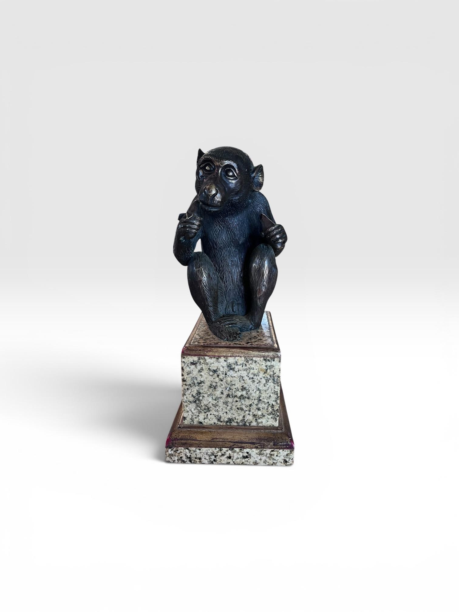 Vintage Maitland-Smith Bronze Monkey Sculpture on Stone Pedestal - 5