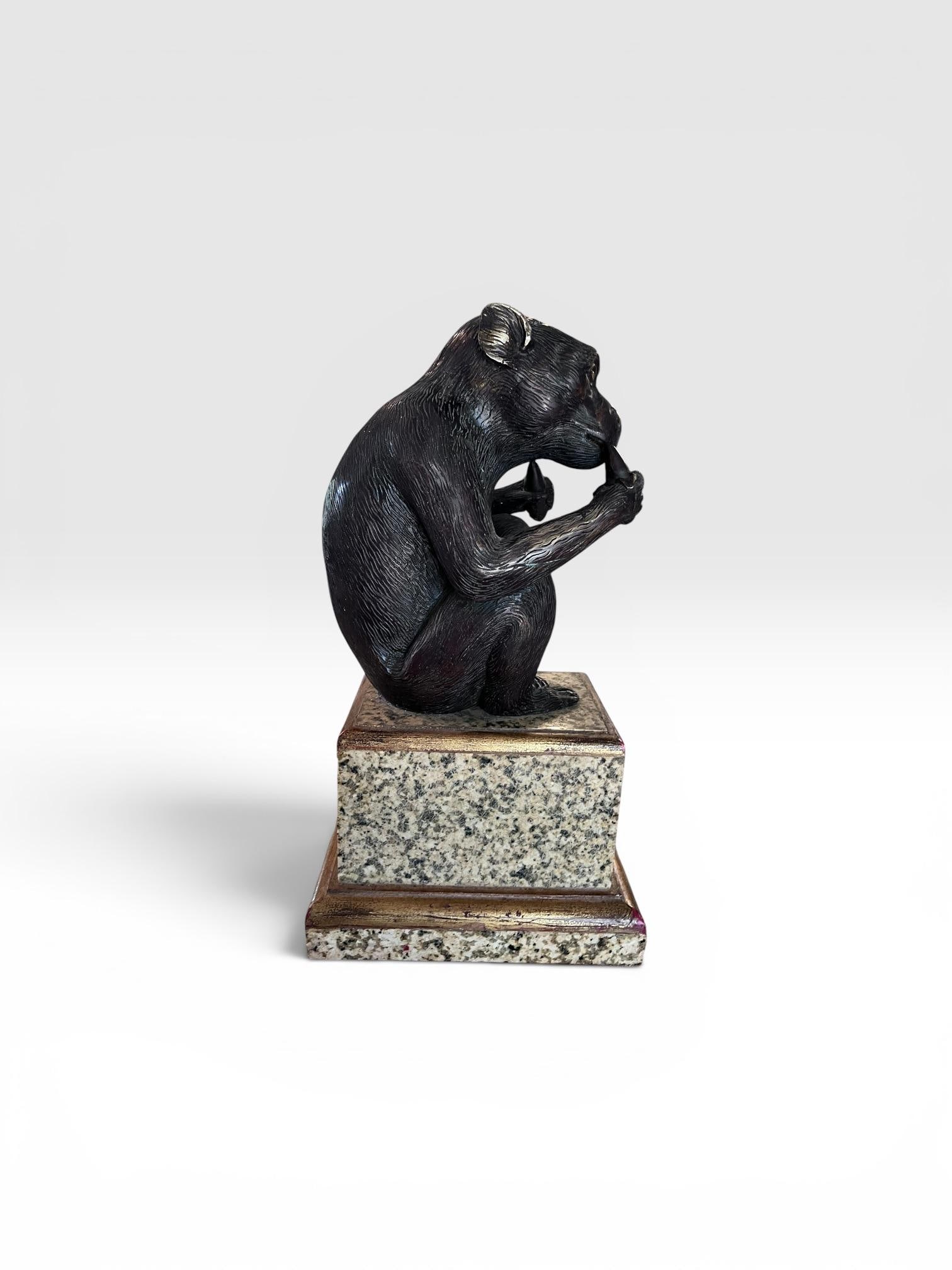 Vintage Maitland-Smith Bronze Monkey Sculpture on Stone Pedestal - 6