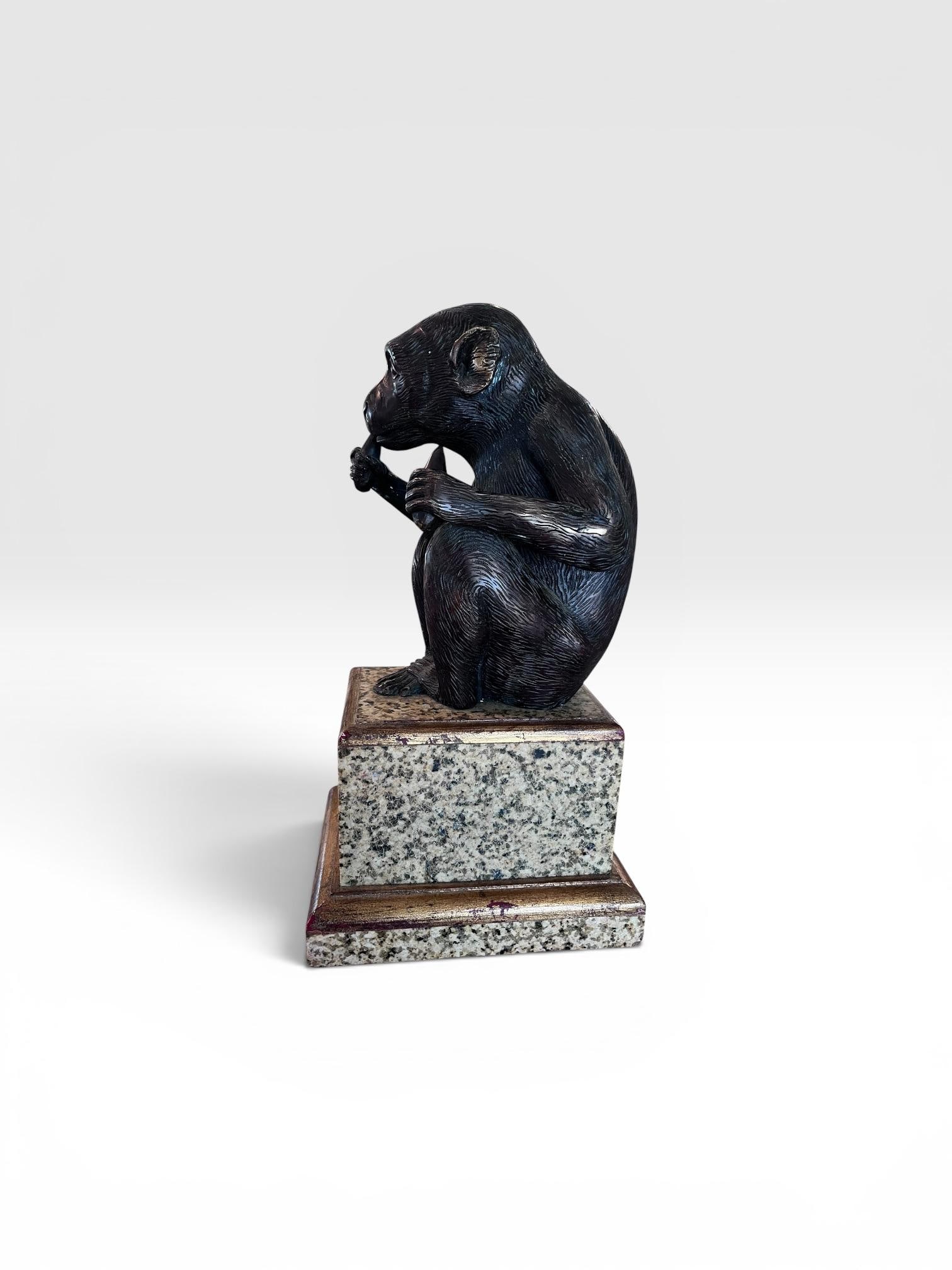 Vintage Maitland-Smith Bronze Monkey Sculpture on Stone Pedestal - 7