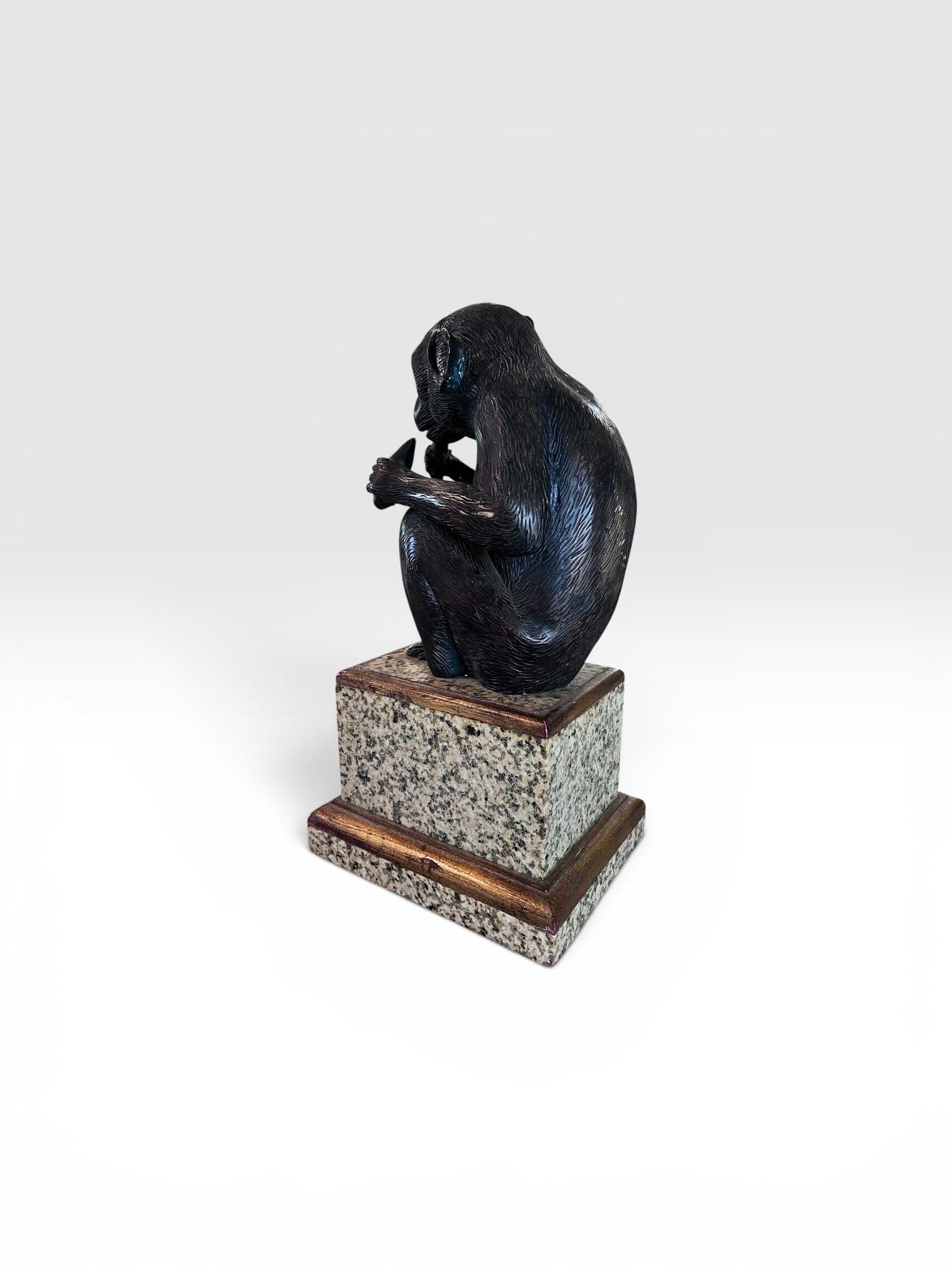 Vintage Maitland-Smith Bronze Monkey Sculpture on Stone Pedestal - 8