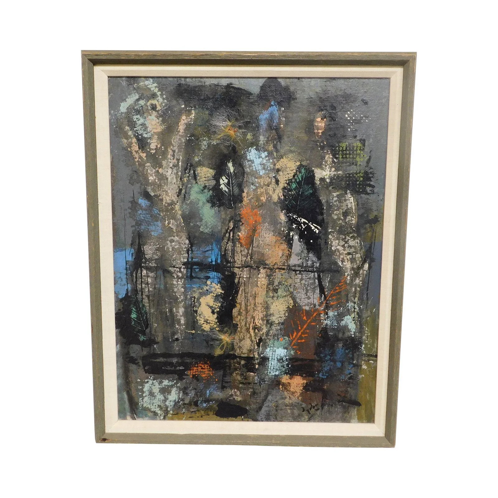 Mid-Century Modern Figures, Leaves & Applied Milkweed Seeds Mixed Media Painting - 13