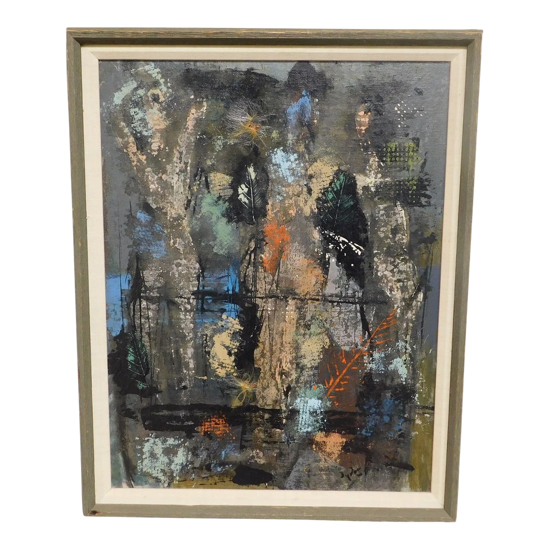 Mid-Century Modern Figures, Leaves & Applied Milkweed Seeds Mixed Media Painting: High Quality Custom Framed Oil Painting on Canvas Board of Leaves, Pine Needles, Figures Artist Signature Illegible Condition: Alterations: Original Condition Unaltered Imperfections: Some