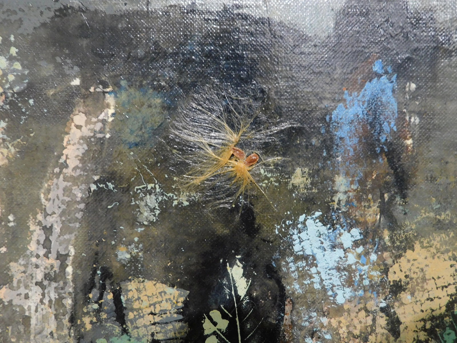 Mid-Century Modern Figures, Leaves & Applied Milkweed Seeds Mixed Media Painting - 8