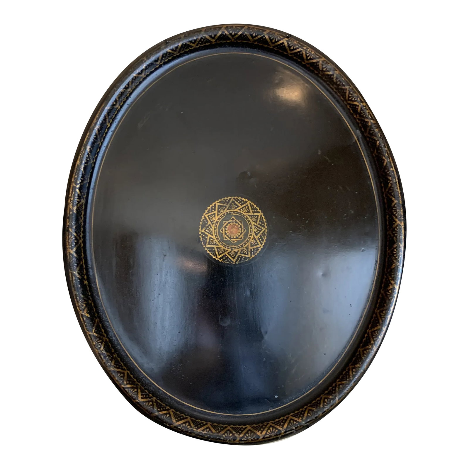 Mid 20th Century Black Lacquer Metal Tray: Vintage black lacquer tray. Center and edge is hand painted with gold enamel decoration. Condition: Alterations: Original Condition Unaltered Imperfections: Some Imperfections Condition Notes: Very