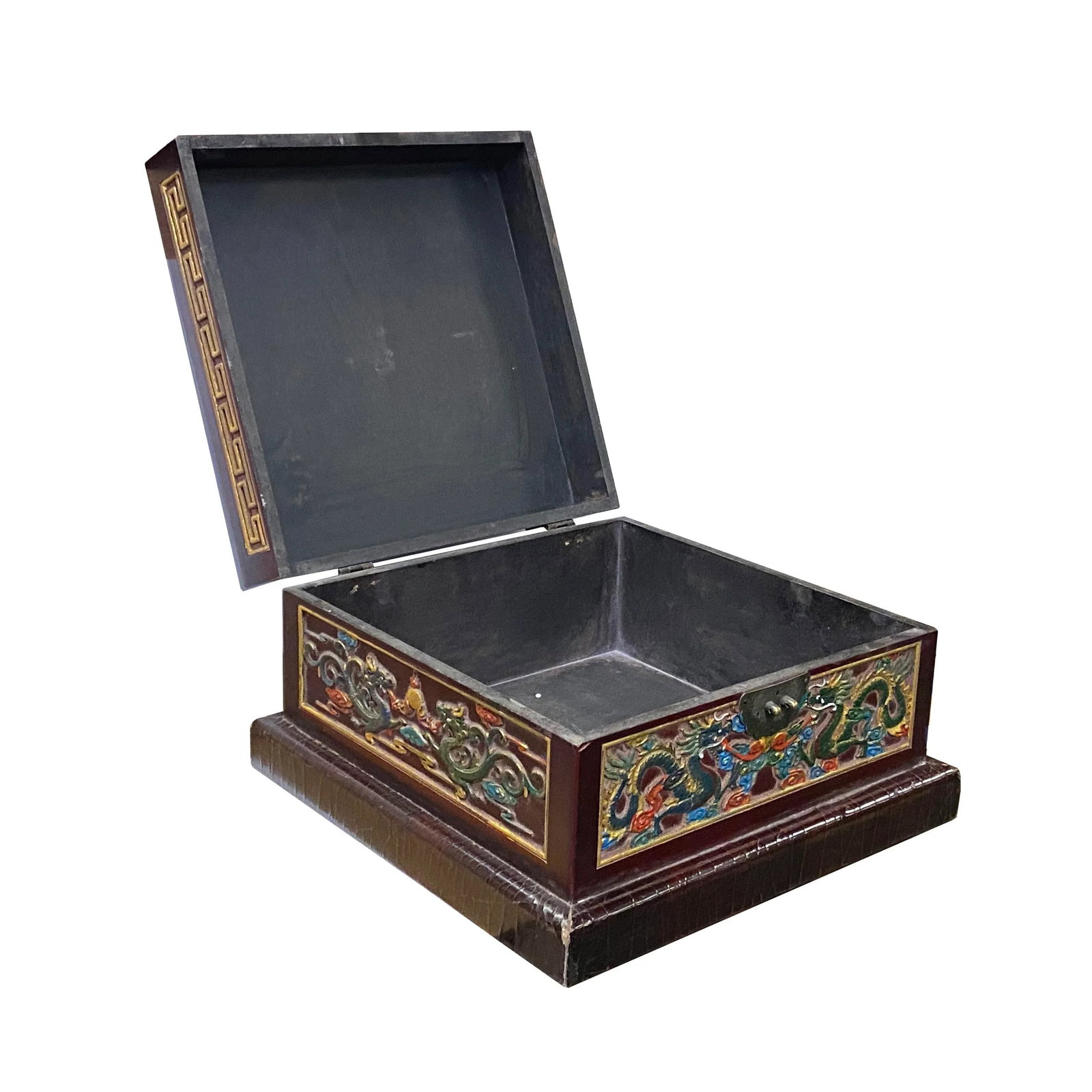 Chinese Dimensional Relief Dragon Motif Square Storage Box Chest - 3